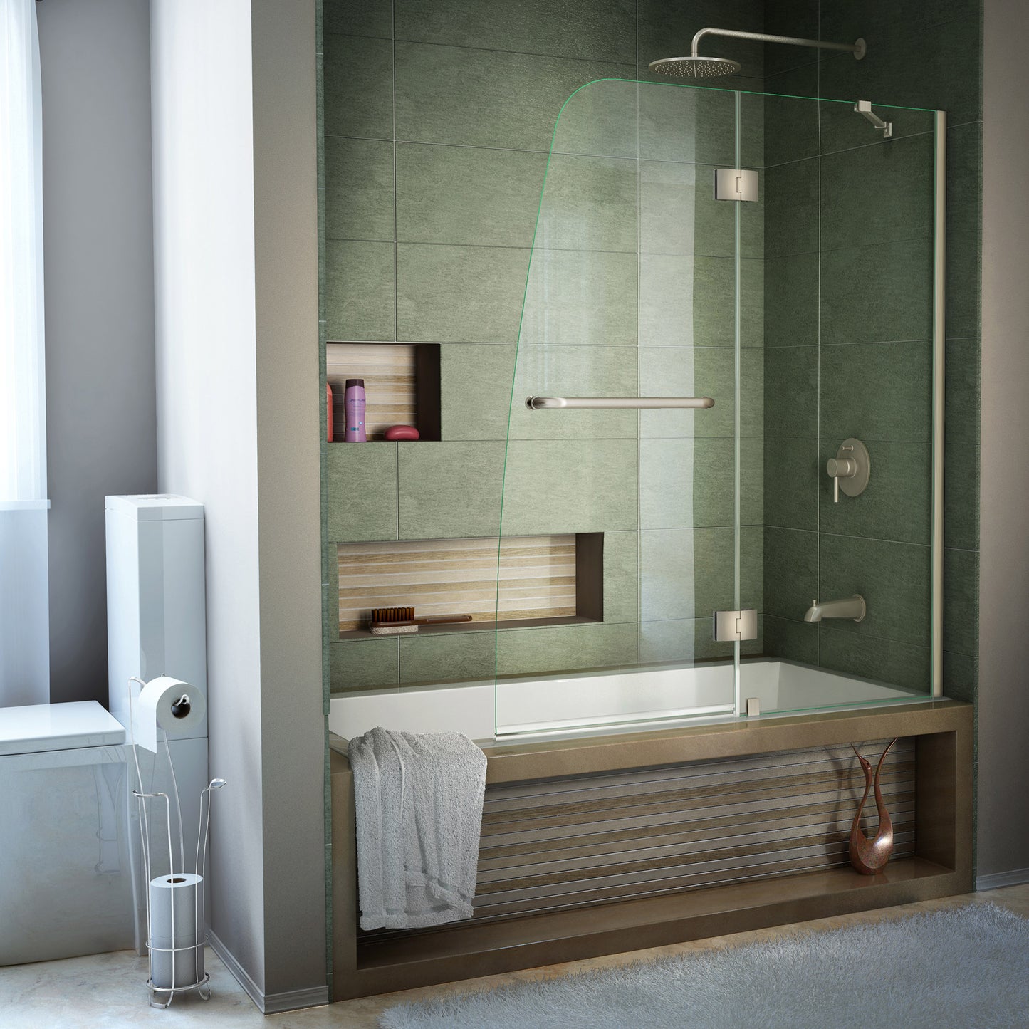 Aqua 48 in. W x 58 in. H Frameless Hinged Tub Door in Brushed Nickel