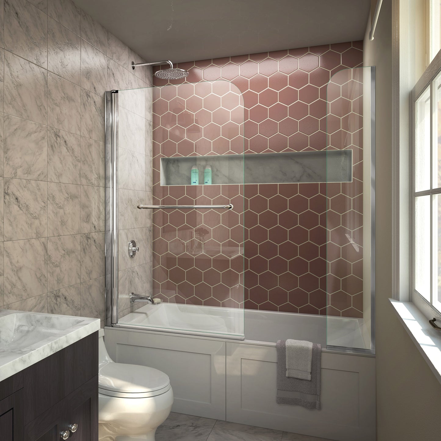 Aqua Swing 56-60 in. W x 58 in. H Frameless Tub Door with Extender Panel in Chrome