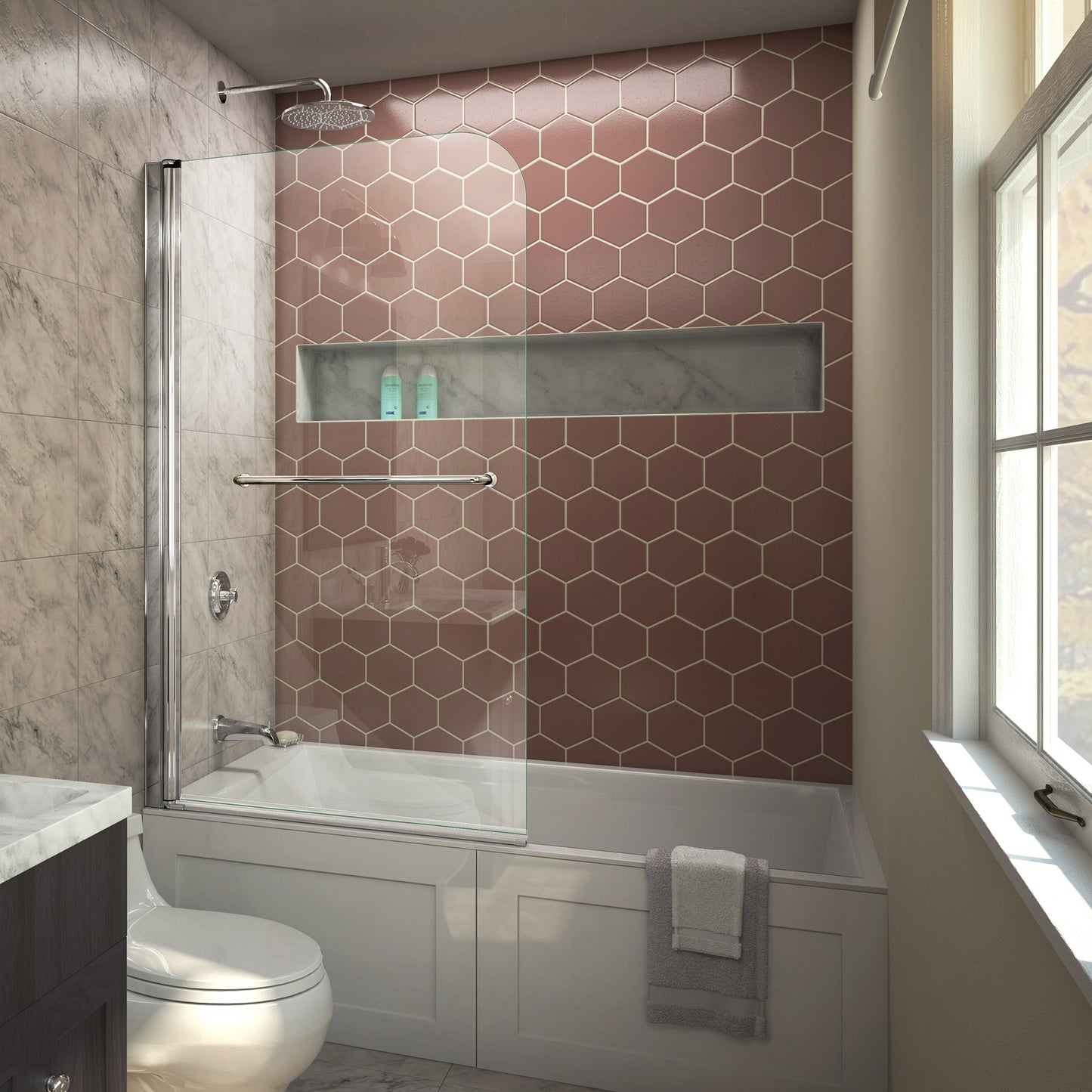 Aqua Swing 34 in. W x 58 in. H Frameless Tub Door in Chrome