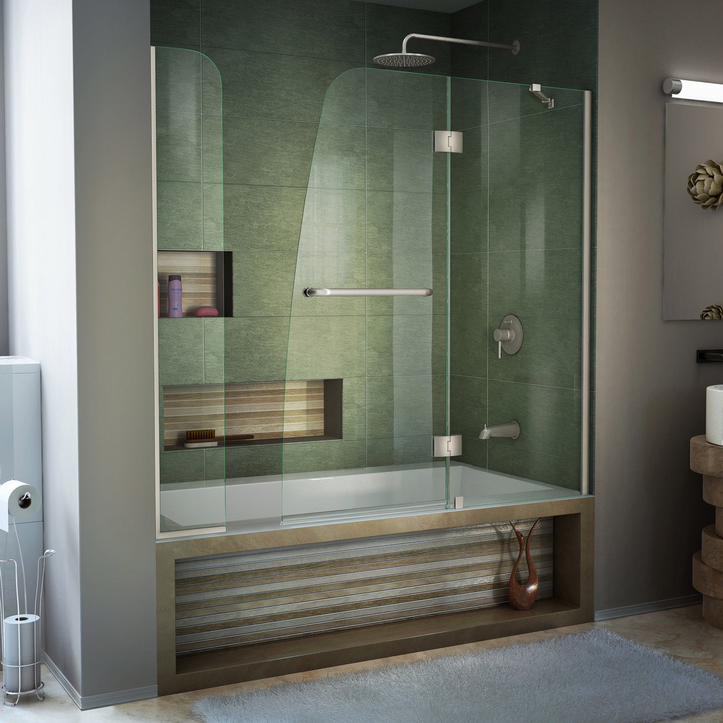 Aqua 56-60 in. W x 58 in. H Frameless Hinged Tub Door with Extender Panel in Brushed Nickel