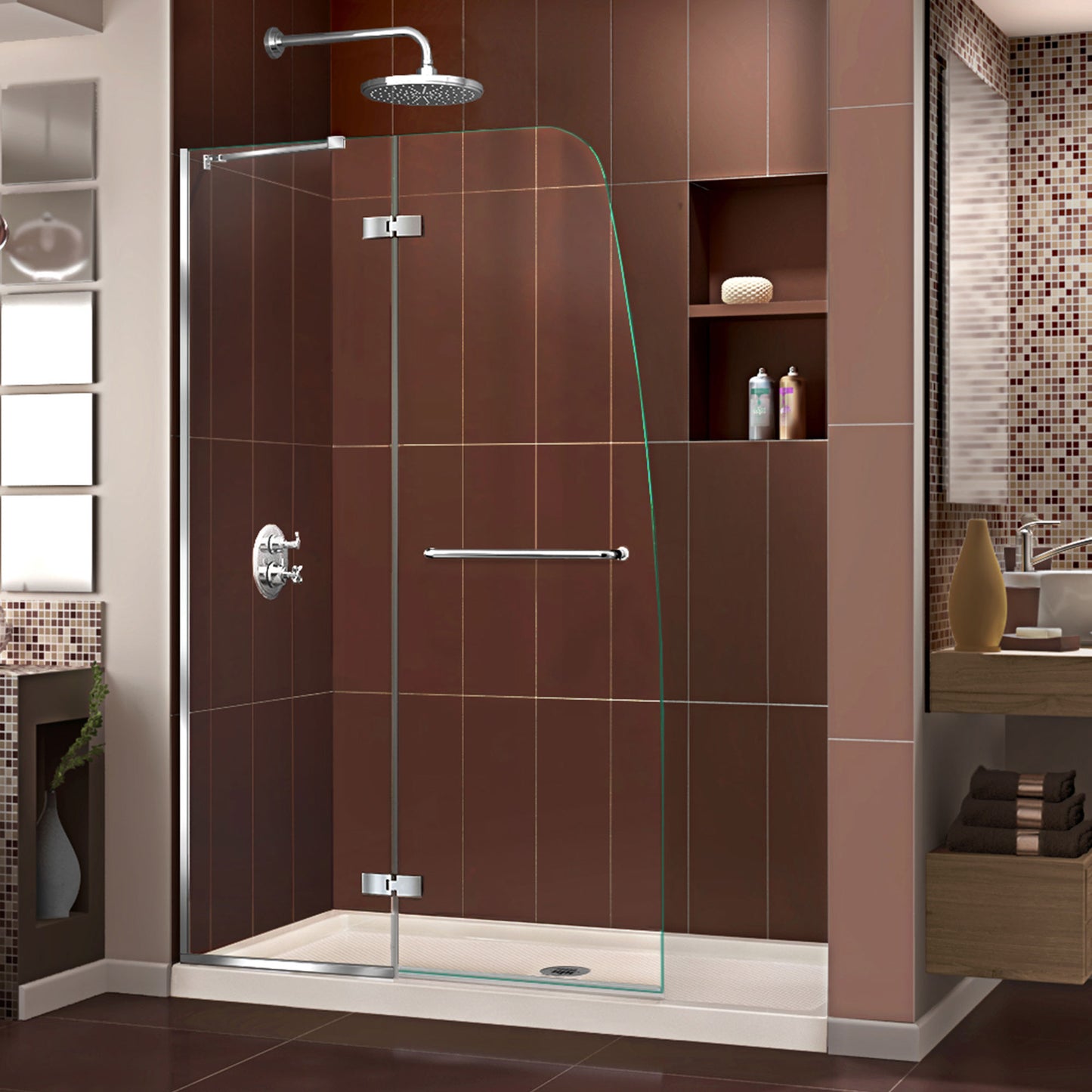 Aqua Ultra 34 in. D x 60 in. W x 74 3/4 in. H Frameless Shower Door in Chrome and Center Drain Biscuit Base Kit