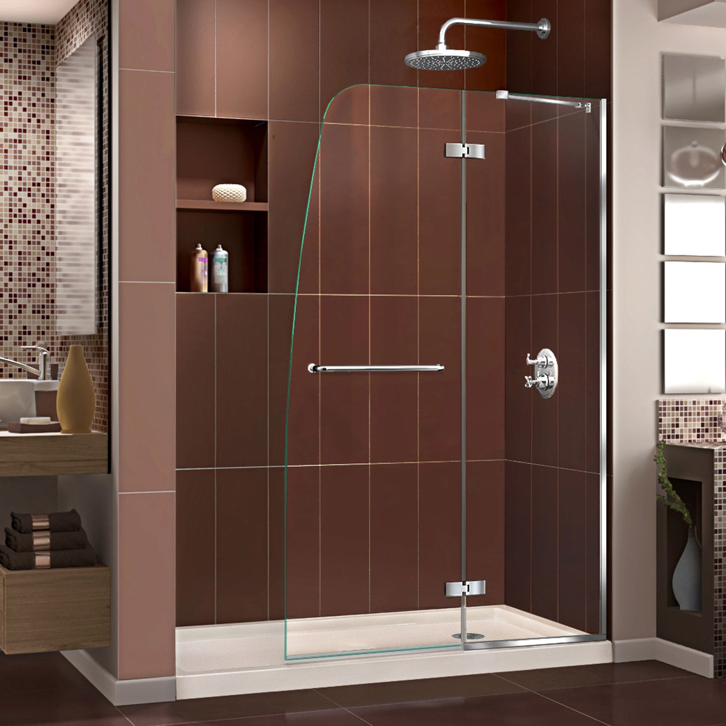 Aqua Ultra 34 in. D x 60 in. W x 74 3/4 in. H Frameless Shower Door in Chrome and Right Drain Biscuit Base Kit