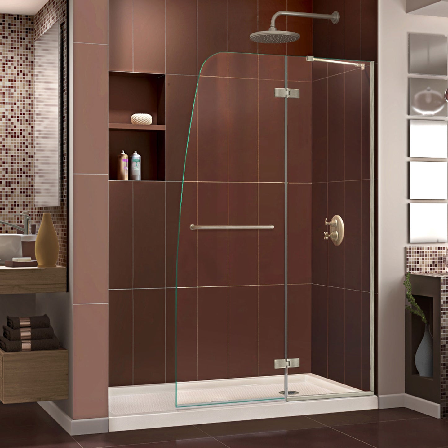Aqua Ultra 34 in. D x 60 in. W x 74 3/4 in. H Frameless Shower Door in Brushed Nickel and Right Drain Biscuit Base Kit