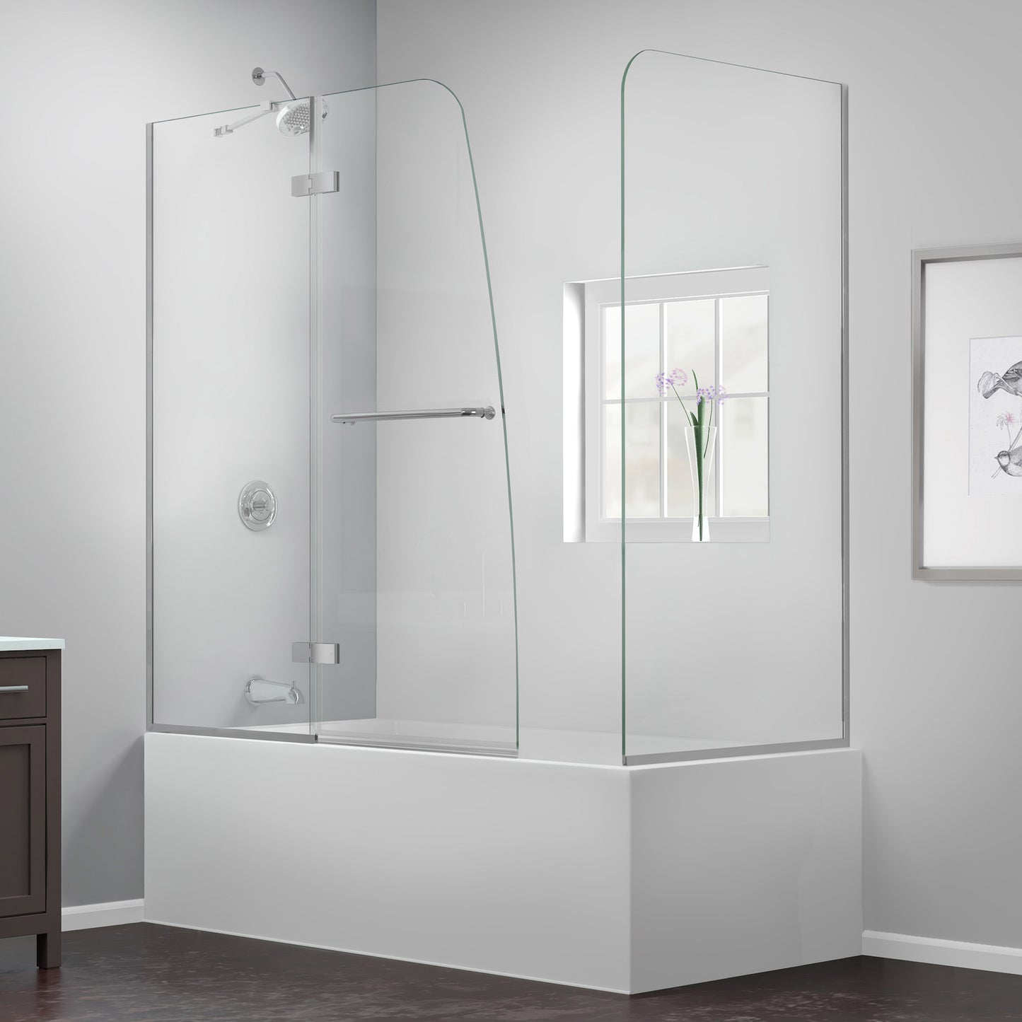 Aqua Ultra 57-60 in. W x 30 in. D x 58 in. H Frameless Hinged Tub Door with Return Panel in Chrome