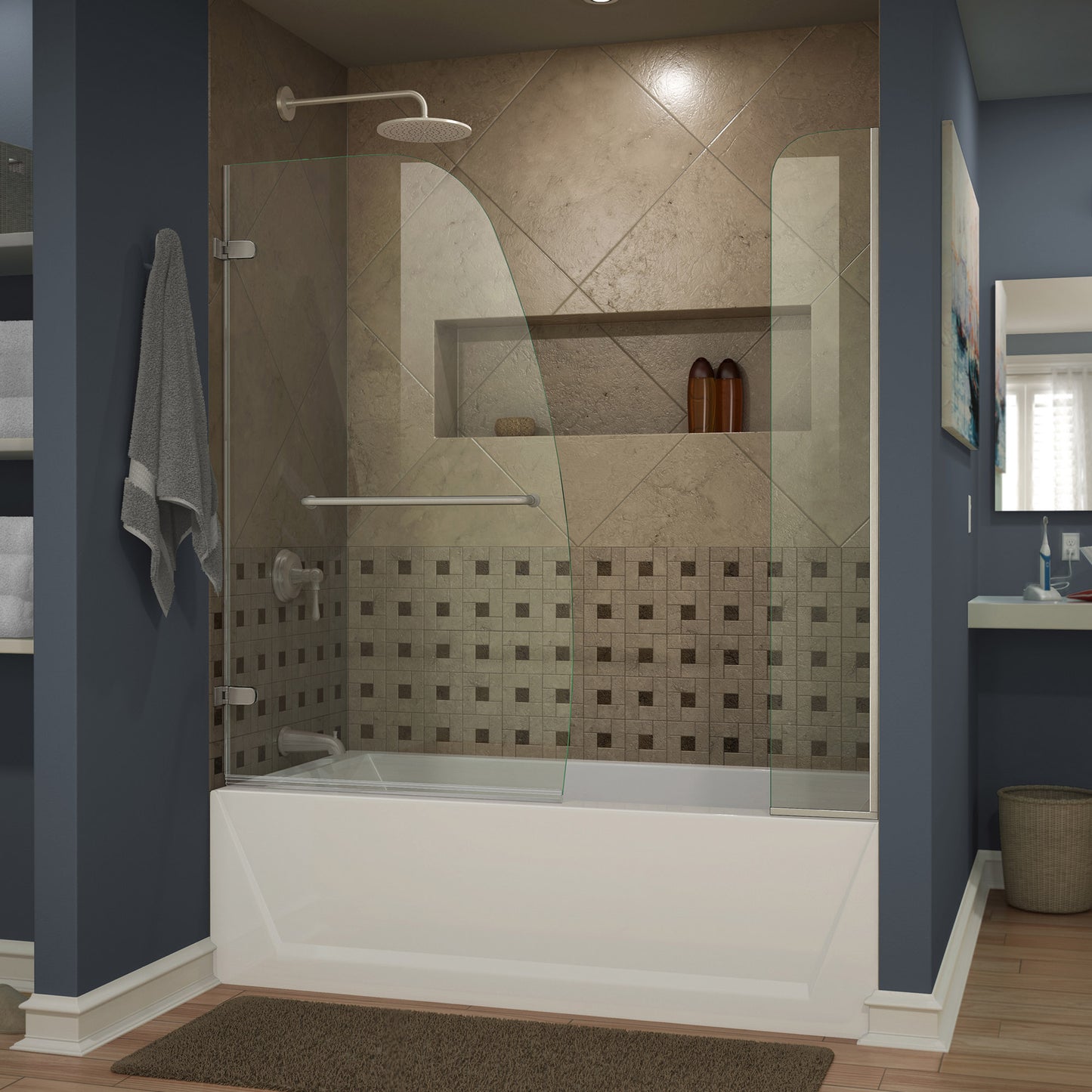 Aqua Uno 56-60 in. W x 58 in. H Frameless Hinged Tub Door with Extender Panel in Brushed Nickel