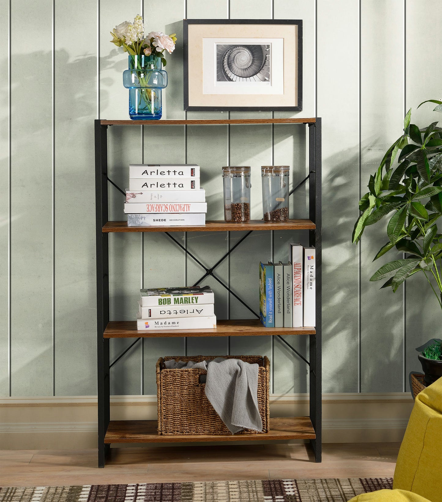4 Tier industrial look metal and wood bookcase