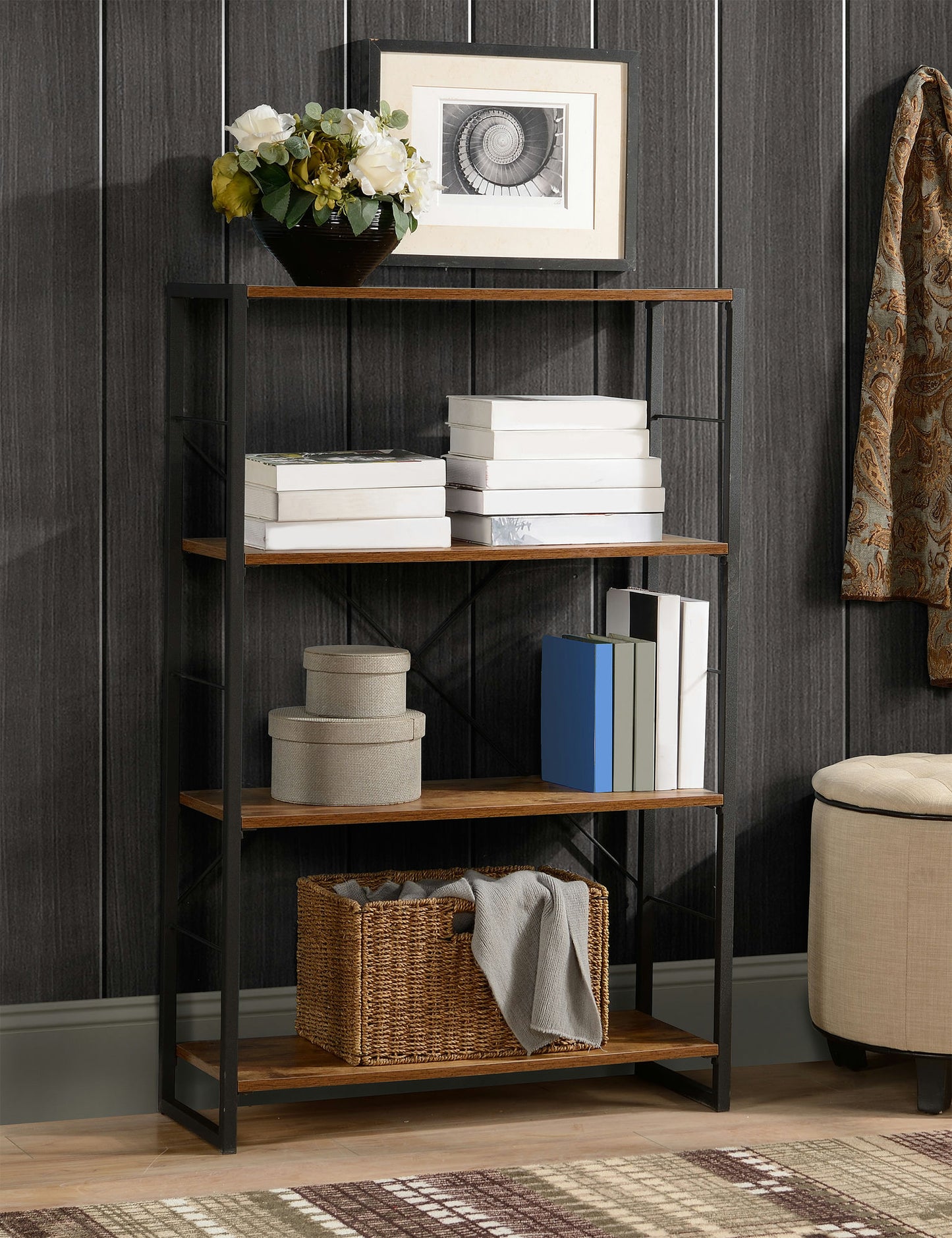 4 Tier industrial look metal and wood bookcase