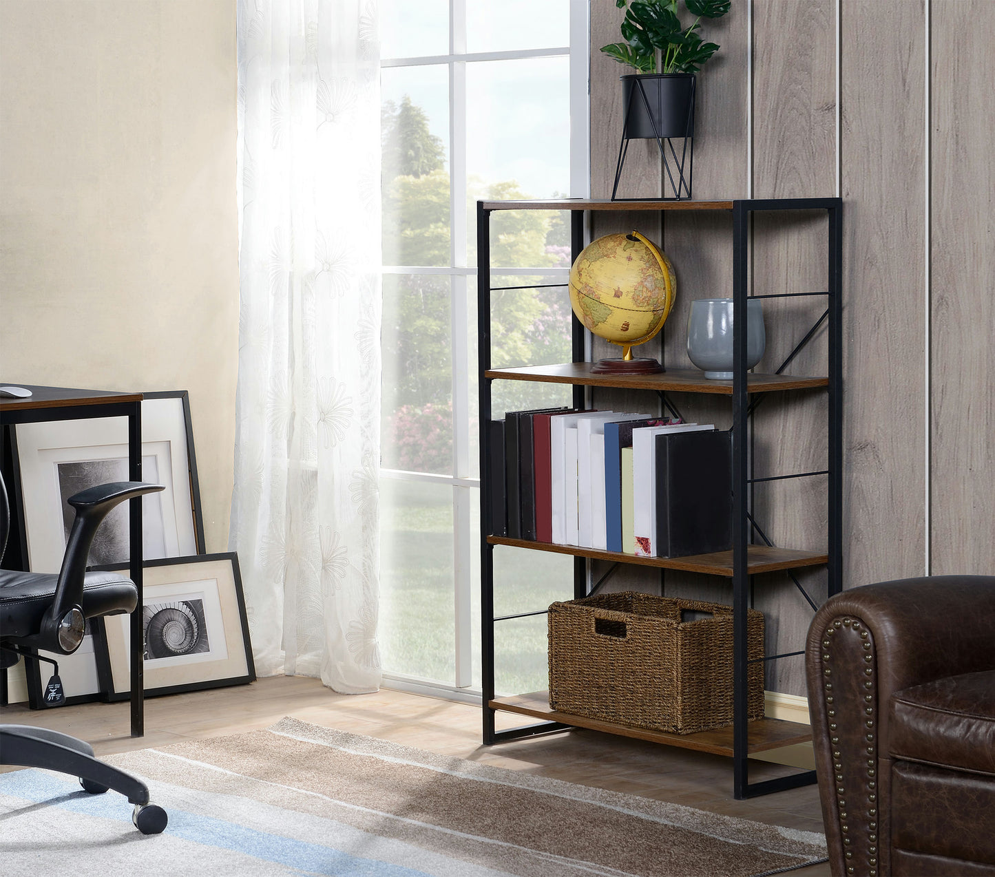 4 Tier industrial look metal and wood bookcase