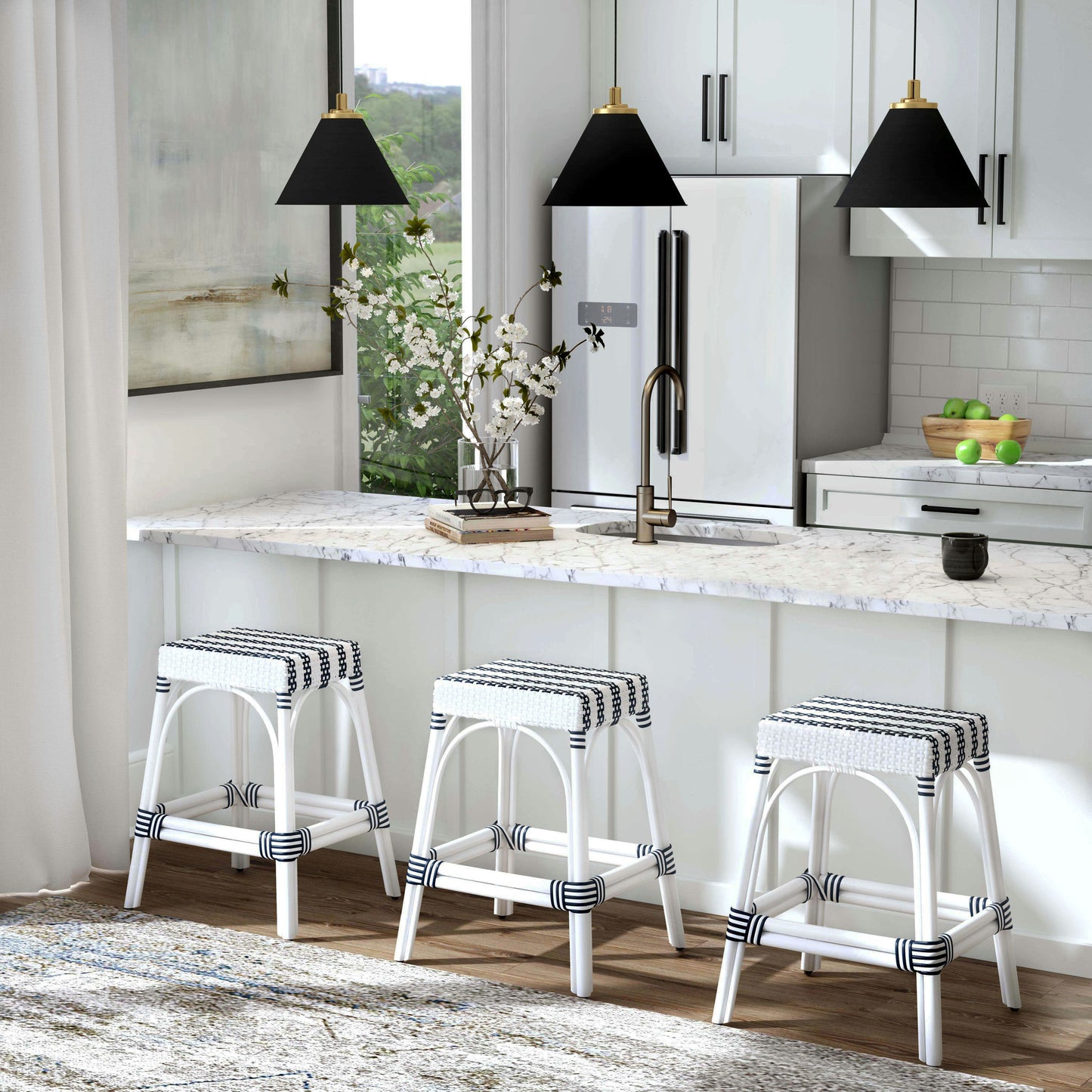Robias Rectangular Rattan 24.5" Counter Stool, White and Navy Stripe