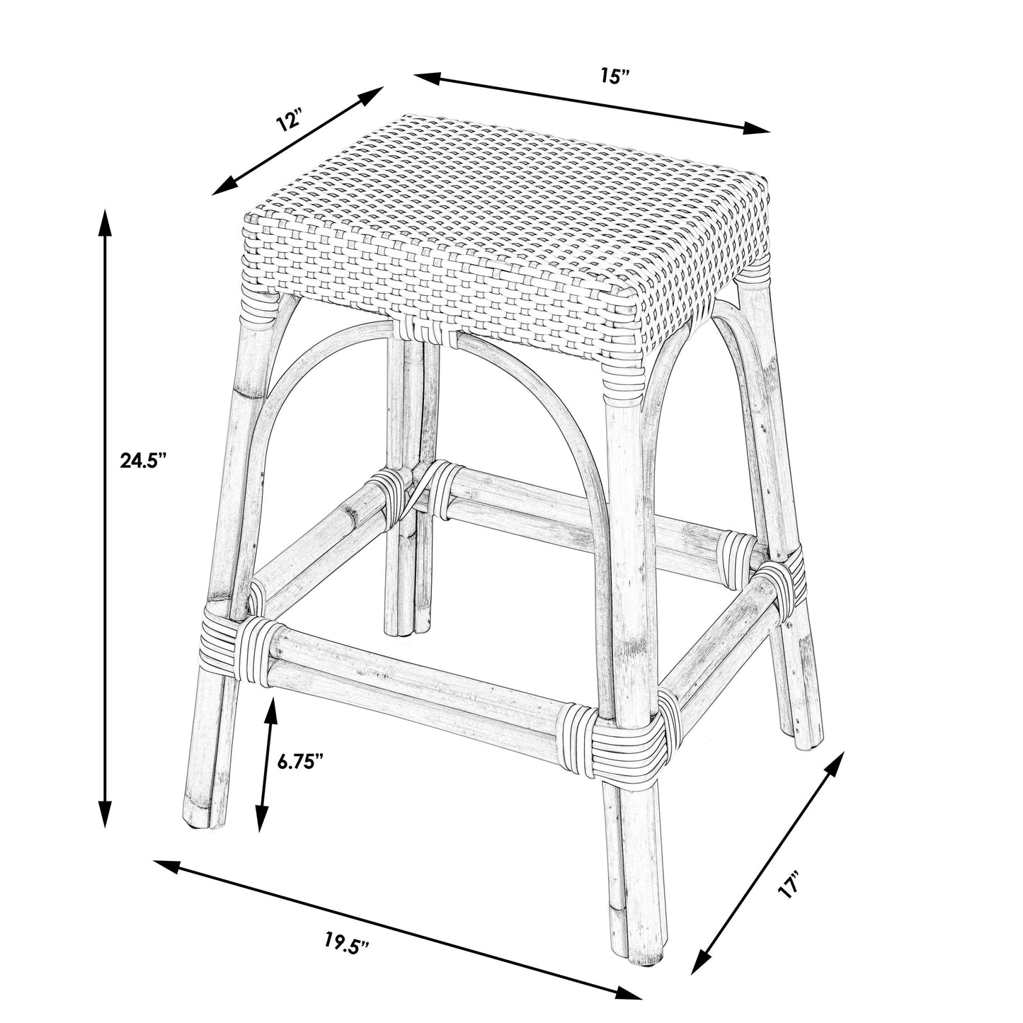 Robias Rectangular Rattan 24.5" Counter Stool, White and Navy Stripe