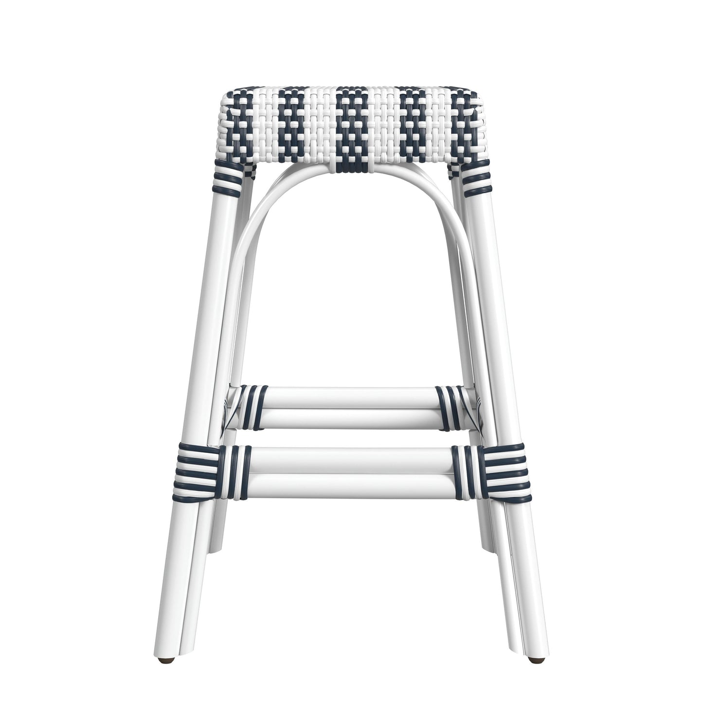 Robias Rectangular Rattan 24.5" Counter Stool, White and Navy Stripe