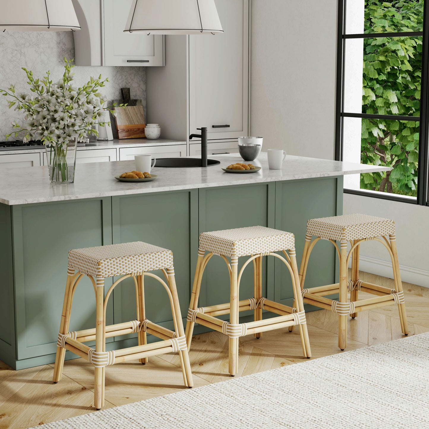 Robias Rectangular Rattan 24.5" Counter Stool, White and Tan Dot