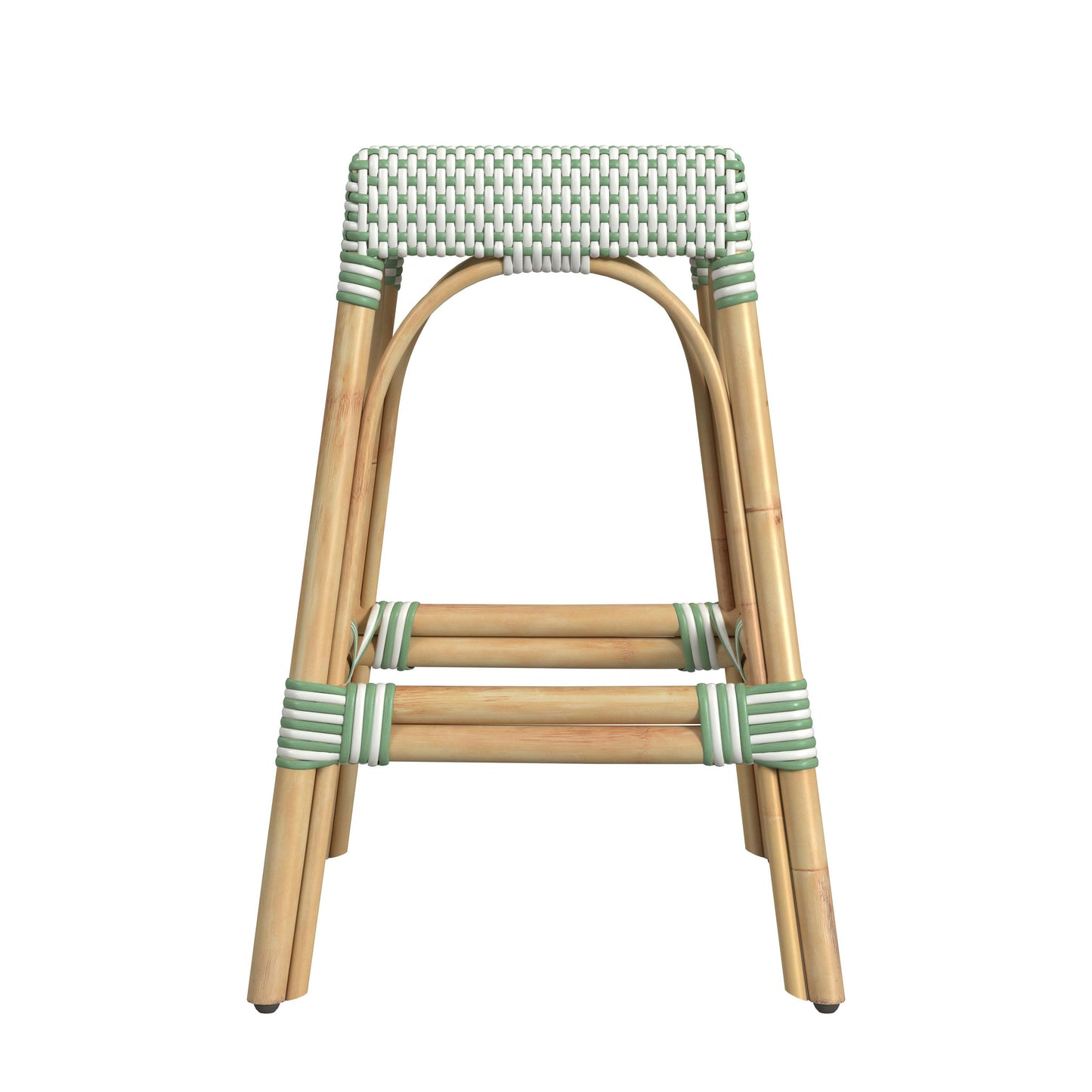 Robias Rectangular Rattan 24.5" Counter Stool, White and Green Dot