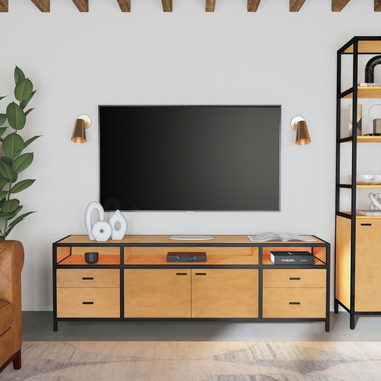 Butler Specialty Company, Hans Wood and Iron 78" TV Stand with Storage, Natural
