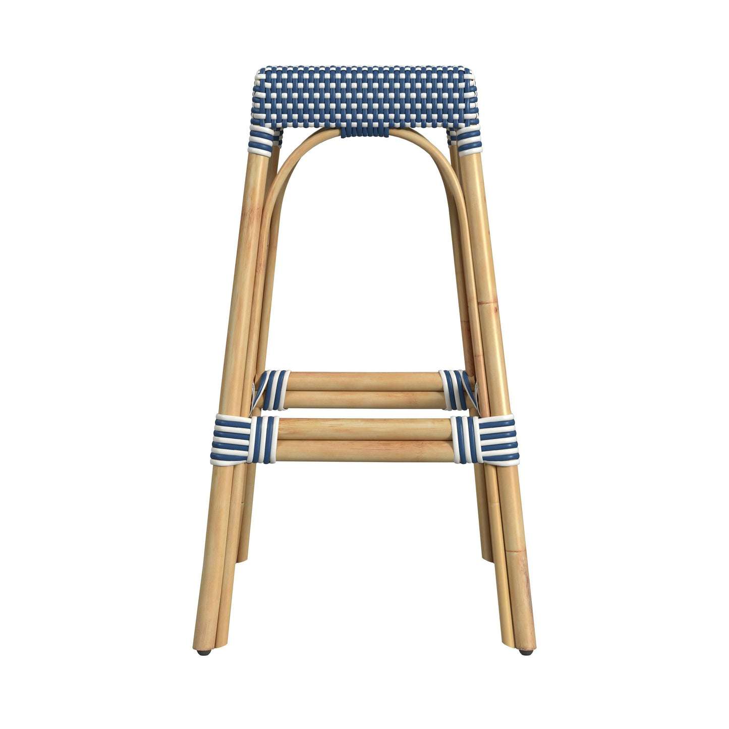 Robias Rectangular Rattan 30" Bar Stool, Blue and White Dot