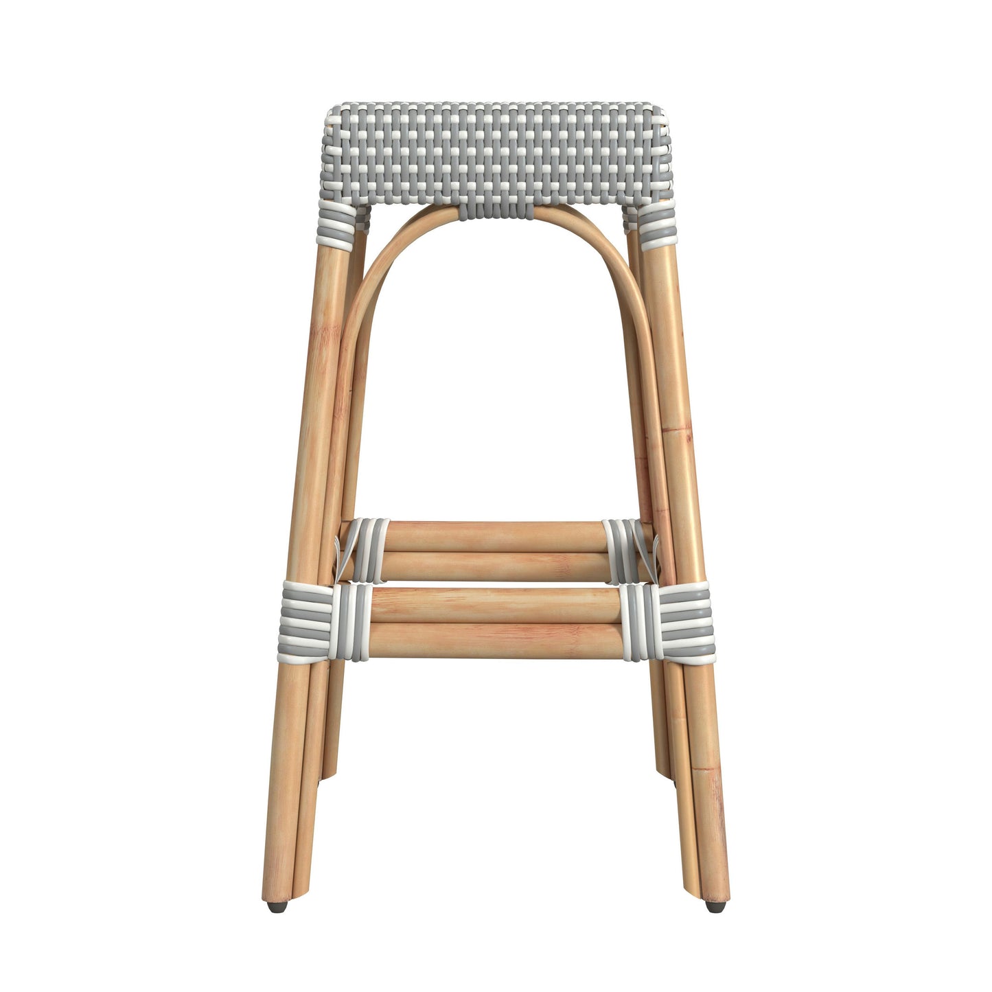 Robias Rectangular Rattan 30" Bar Stool, White and Gray Dot