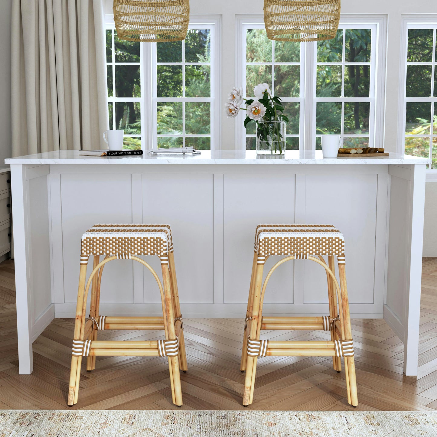 Robias Rectangular Rattan 30" Bar Stool, Tan and White Stripe