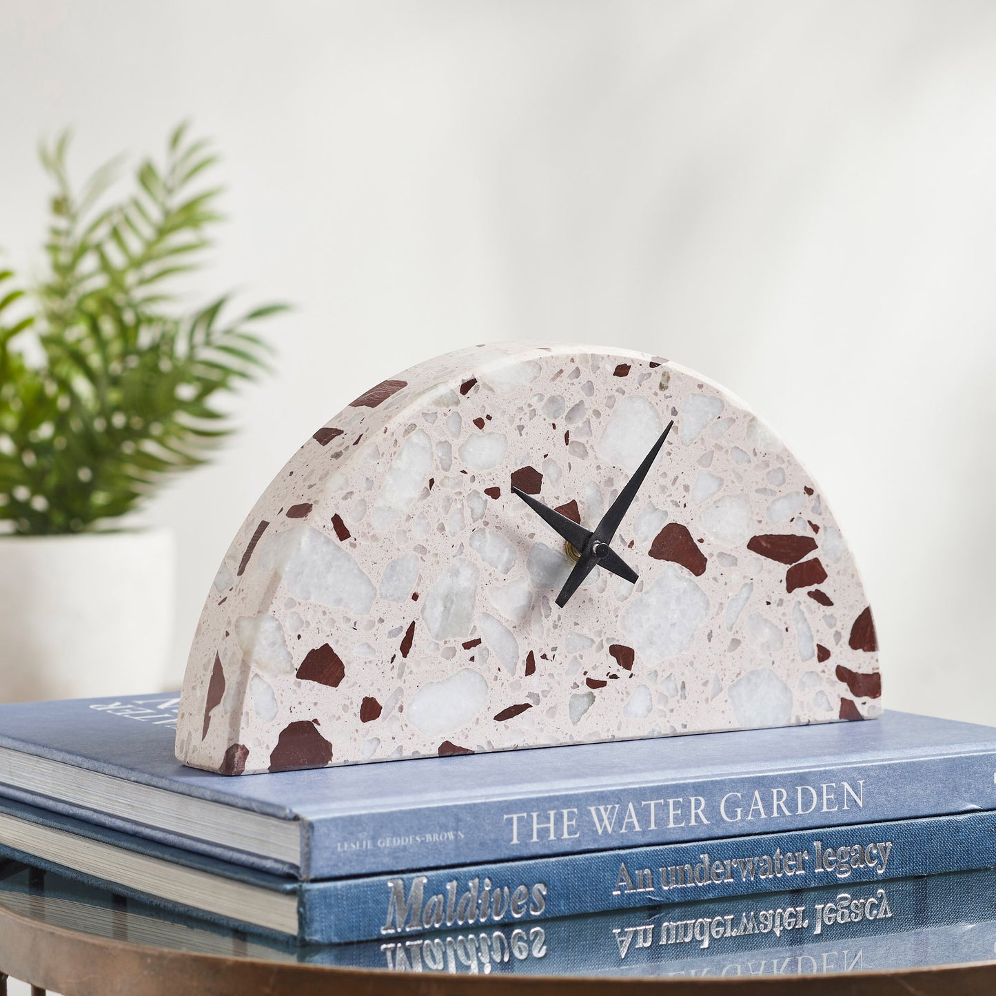 Saga Natural, Grey, Black Engineered Marble Half Circle Table Clock