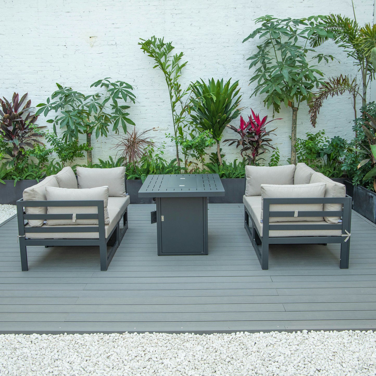 LeisureMod Chelsea 5-Piece Sectional Loveseat and Fireplace Set- Beige