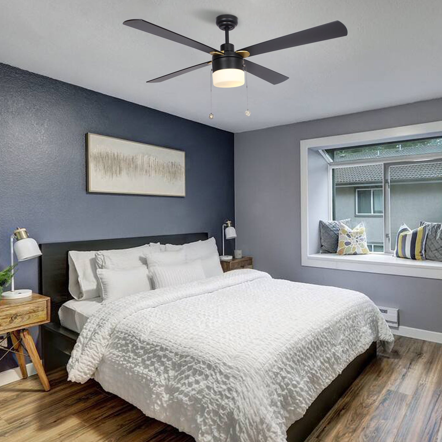 Amalfi 52 Inch 4-Blade Ceiling Fan With Pull Chain - Black/Black (Gold Detail)