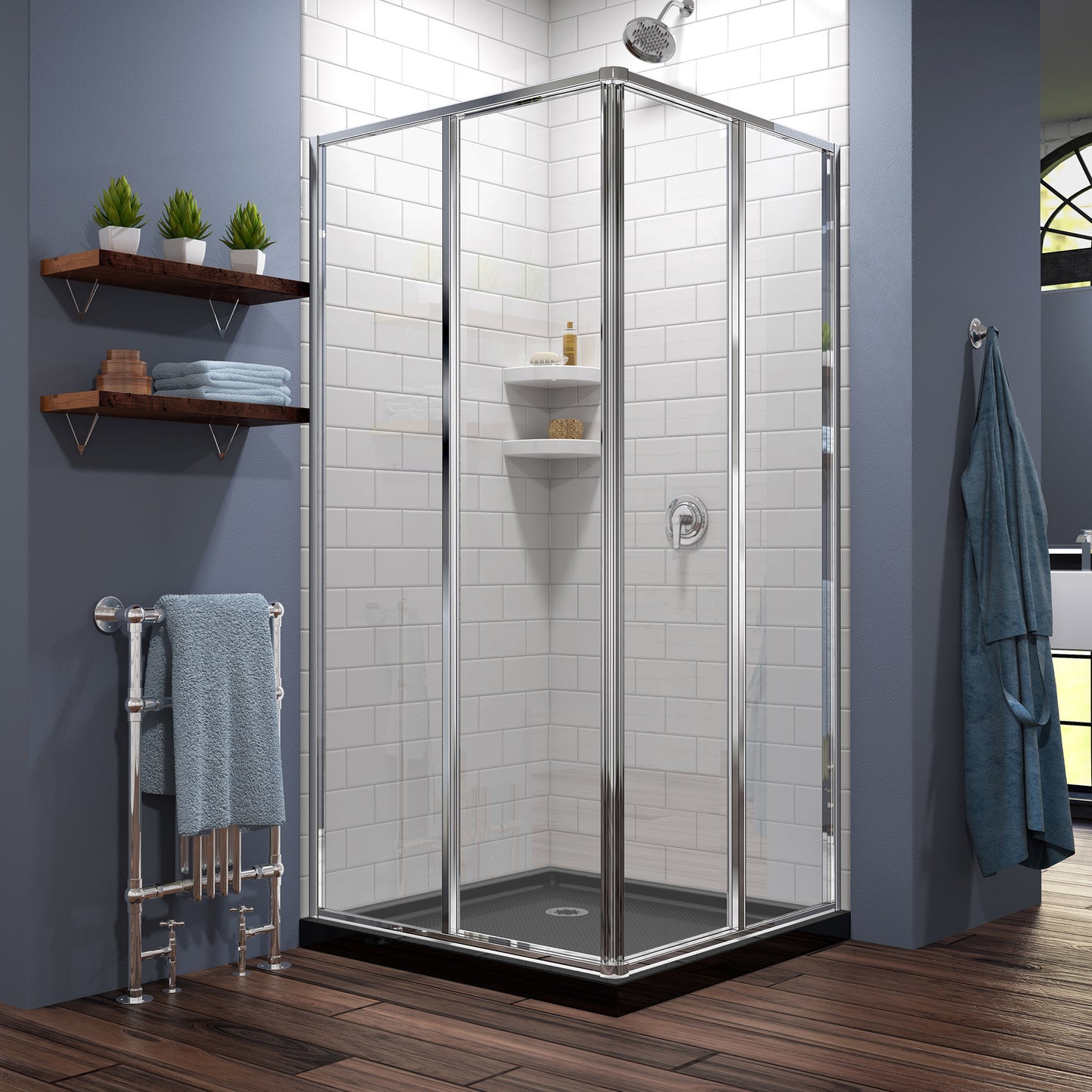 Cornerview 42 in. D x 42 in. W x 74 3/4 in. H Framed Sliding Shower Enclosure in Chrome with Black Acrylic Base Kit