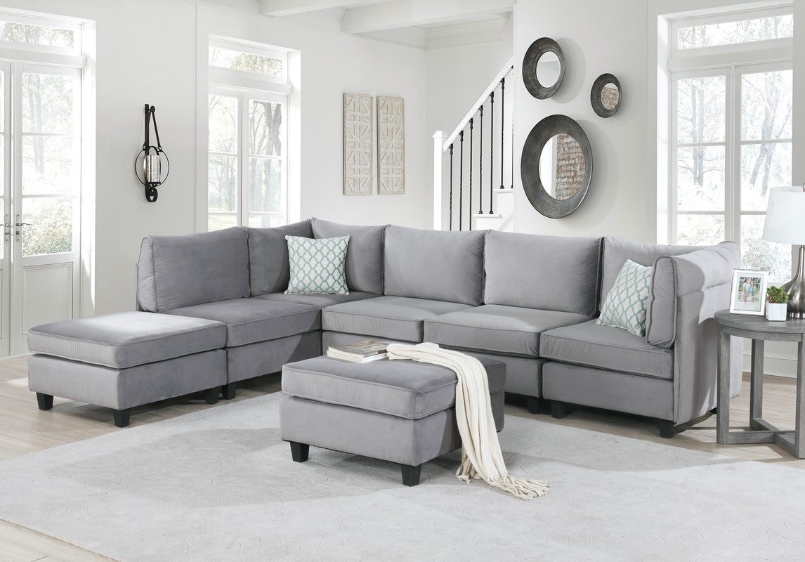 Lilola Home Zelmira Gray Velvet 7Pc Modular Sectional Sofa