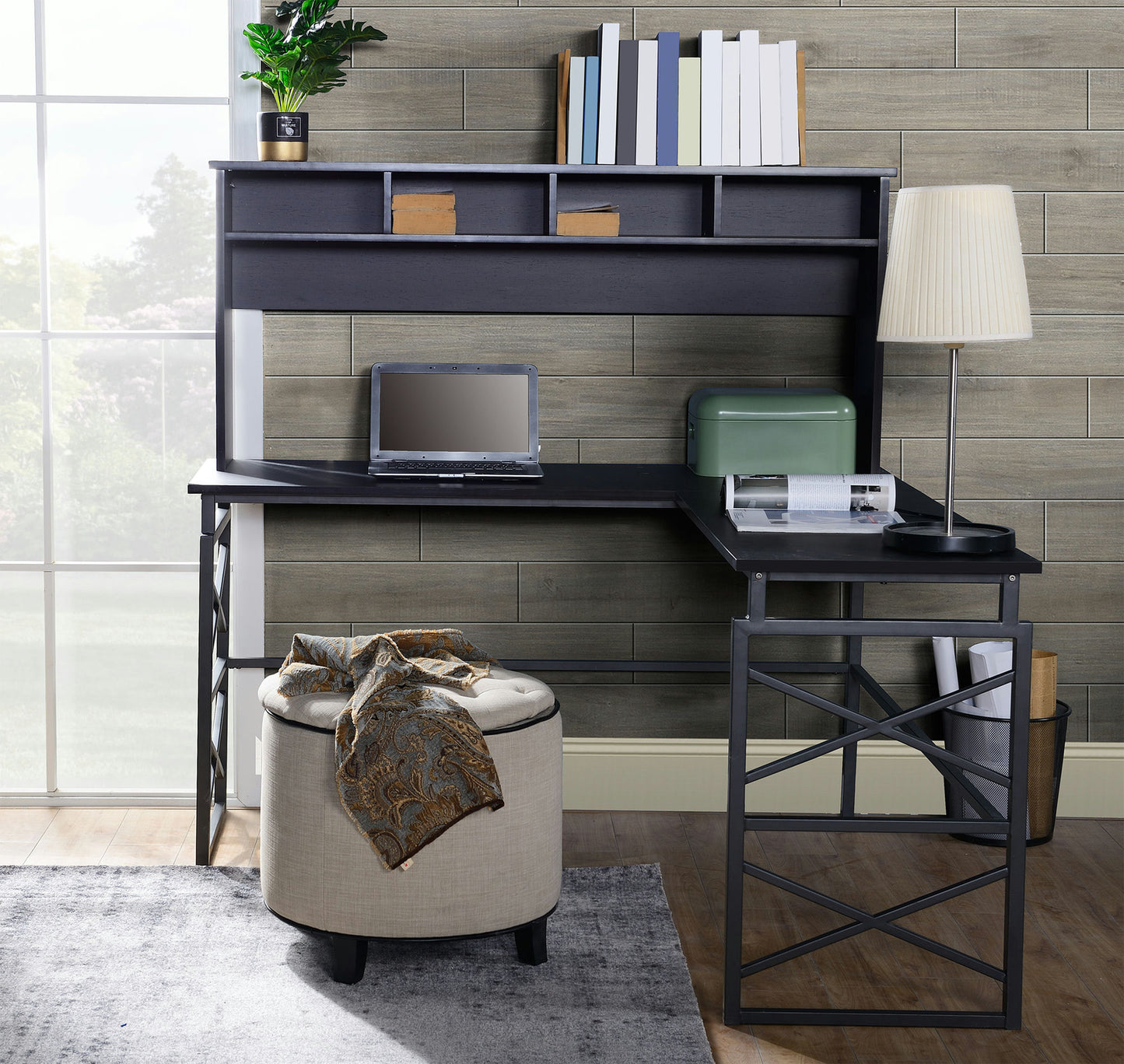 Dark brown finish wood L desk with metal base