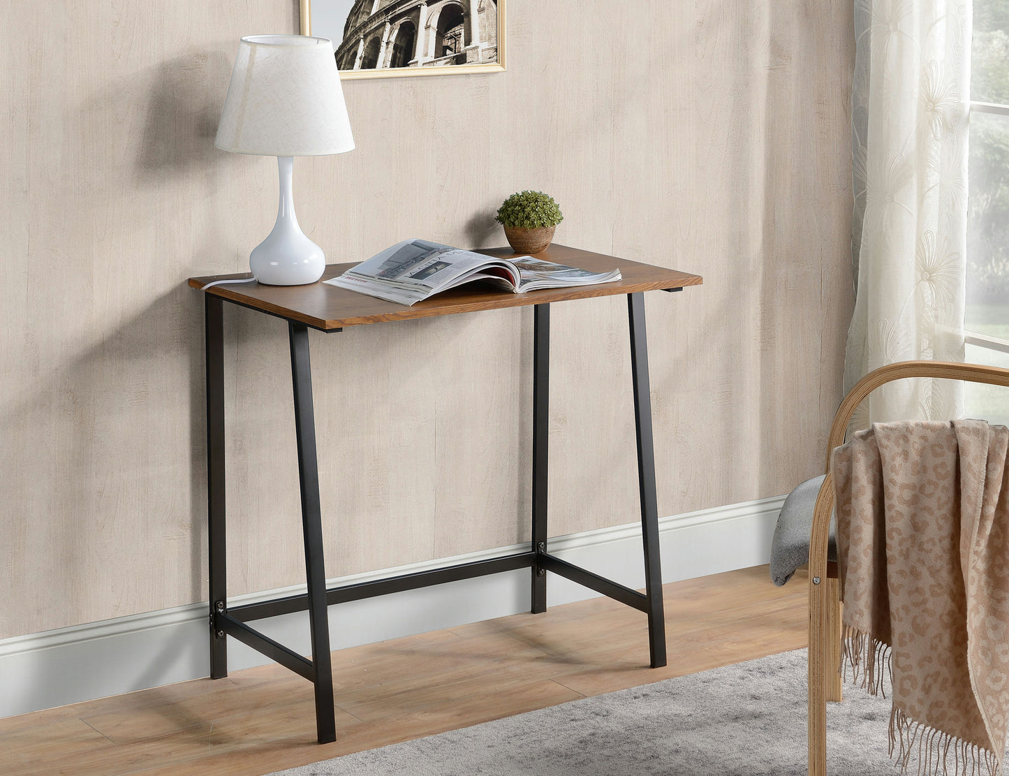 Aspen Oak finish wood and metal writing desk
