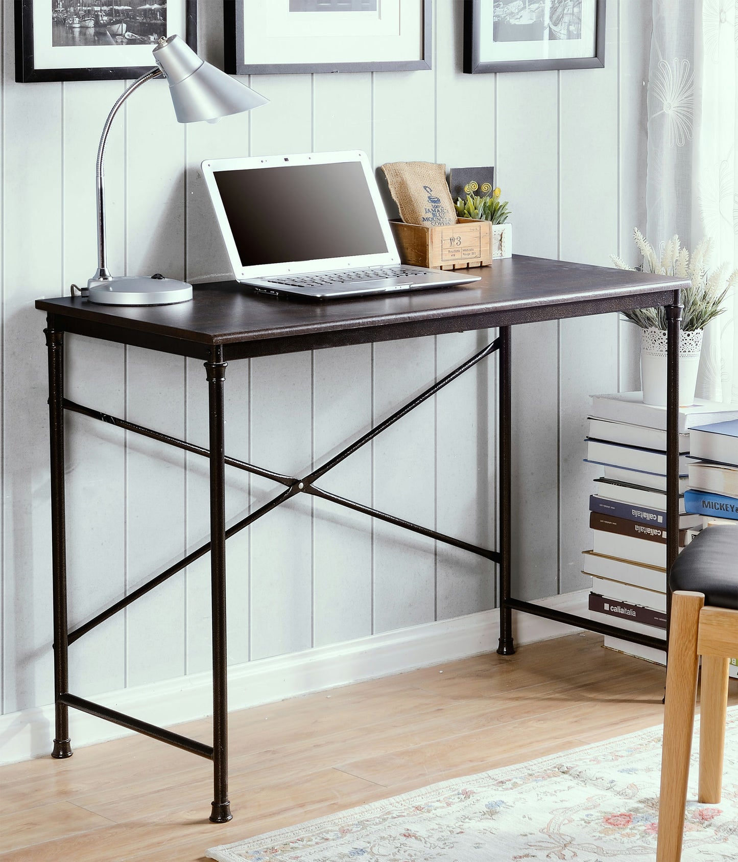 Espresso finish wood and metal writing and computer desk