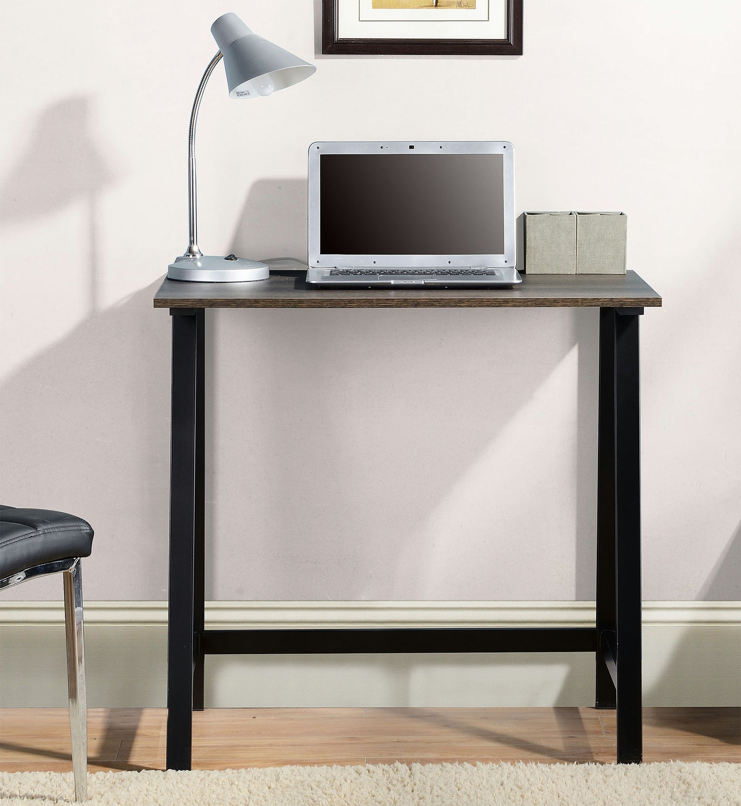 Dark Oak finish wood and metal writing desk