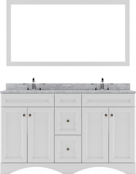 60" Double Bath Vanity, White, Marble Top, Sink, Polished Chrome Faucet, Mirror