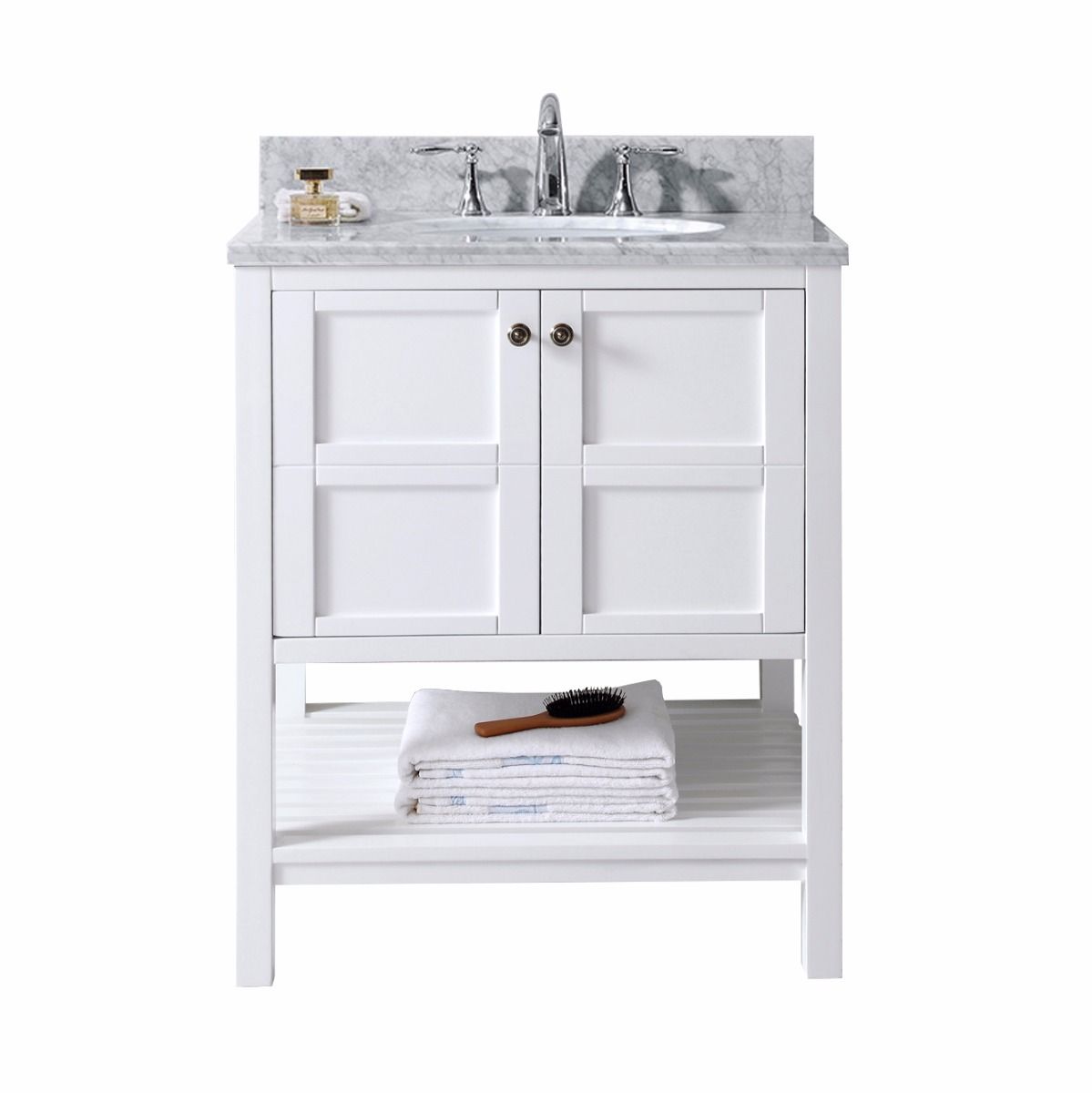 Winterfell 30" Single Bath Vanity, White with Marble Top and Round Sink
