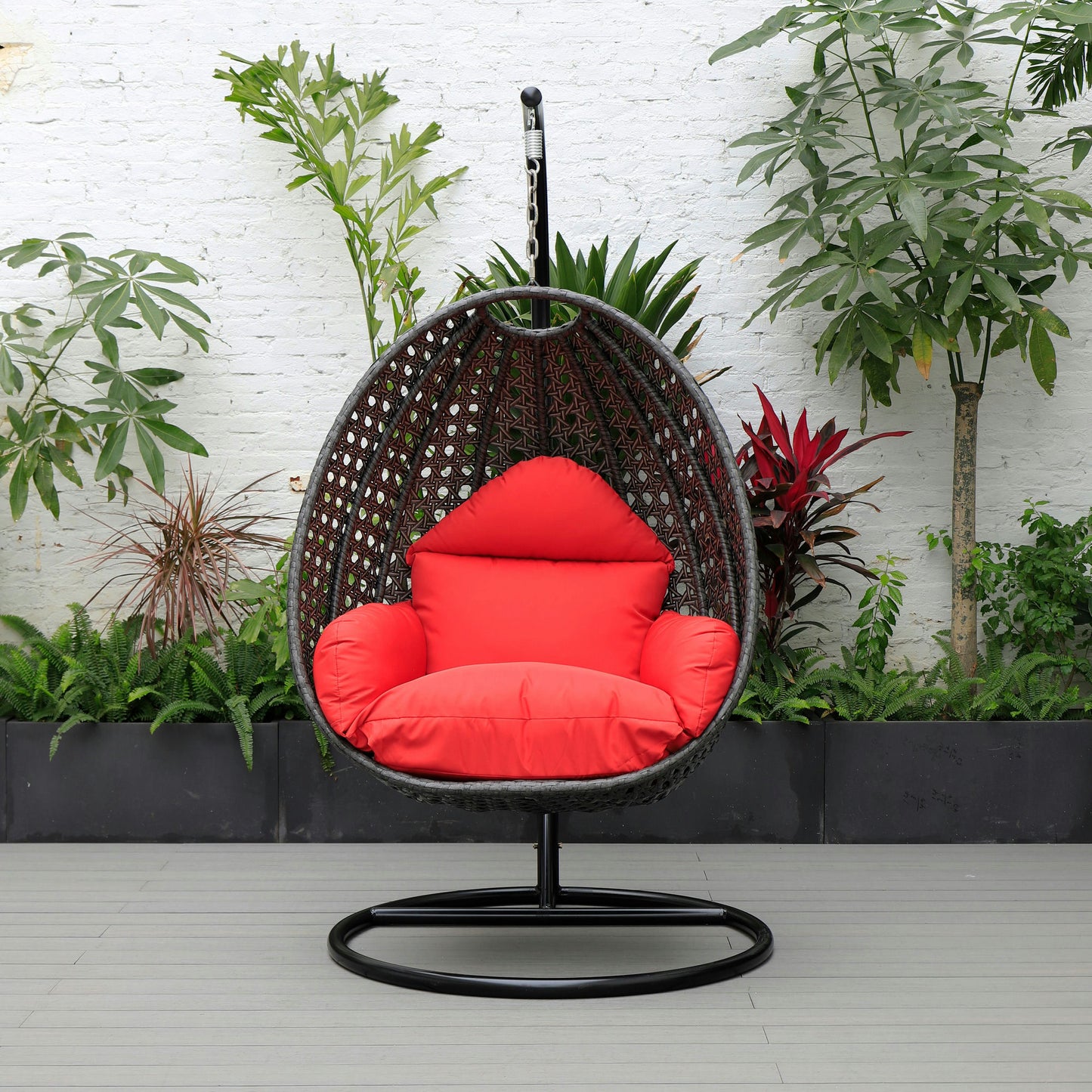 LeisureMod Charcoal And Red Wicker Hanging Egg Swing Chair