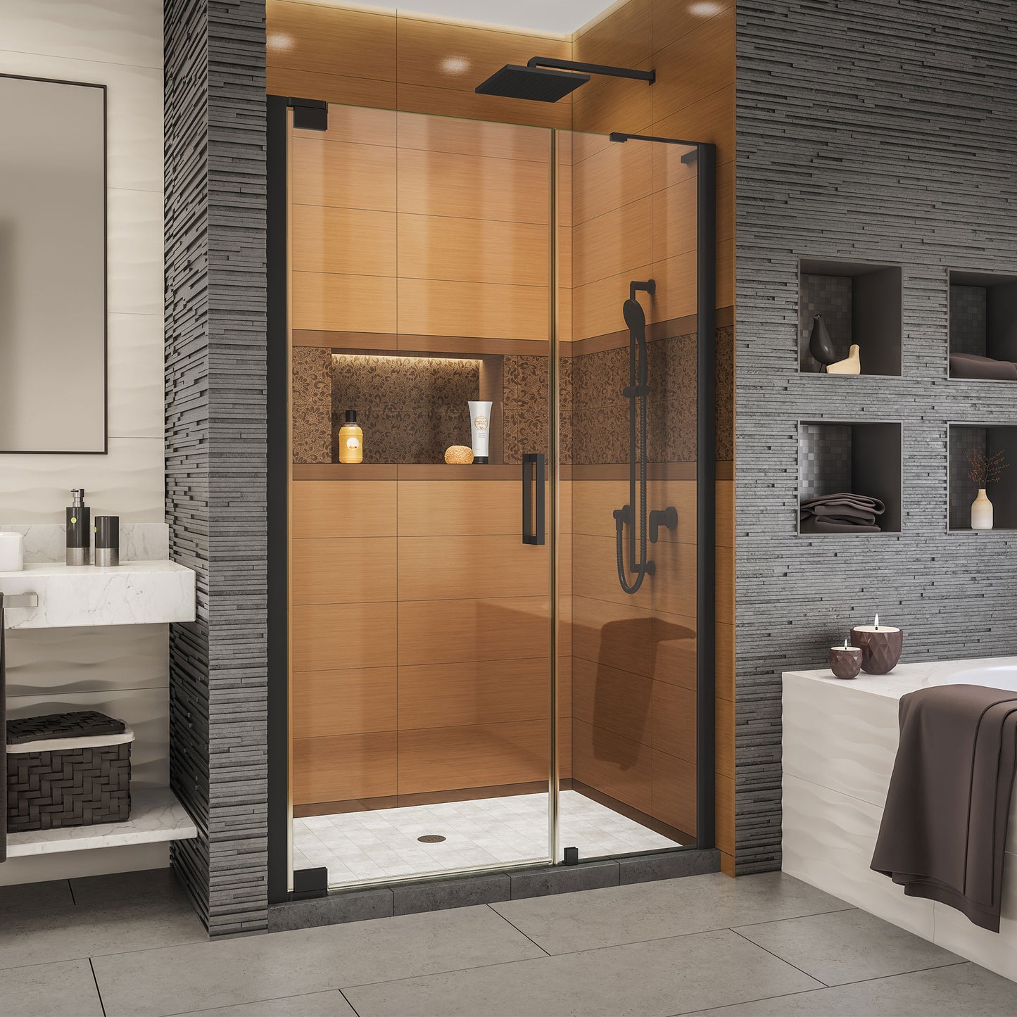 Elegance-LS 43 - 45 in. W x 72 in. H Frameless Pivot Shower Door in Satin Black