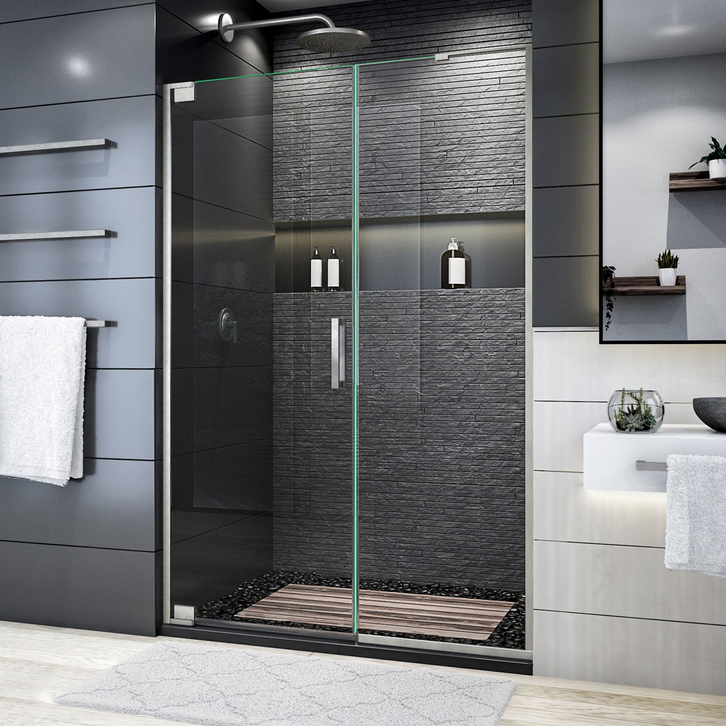 Elegance Plus 46-46 3/4 in. W x 72 in. H Frameless Pivot Shower Door in Brushed Nickel