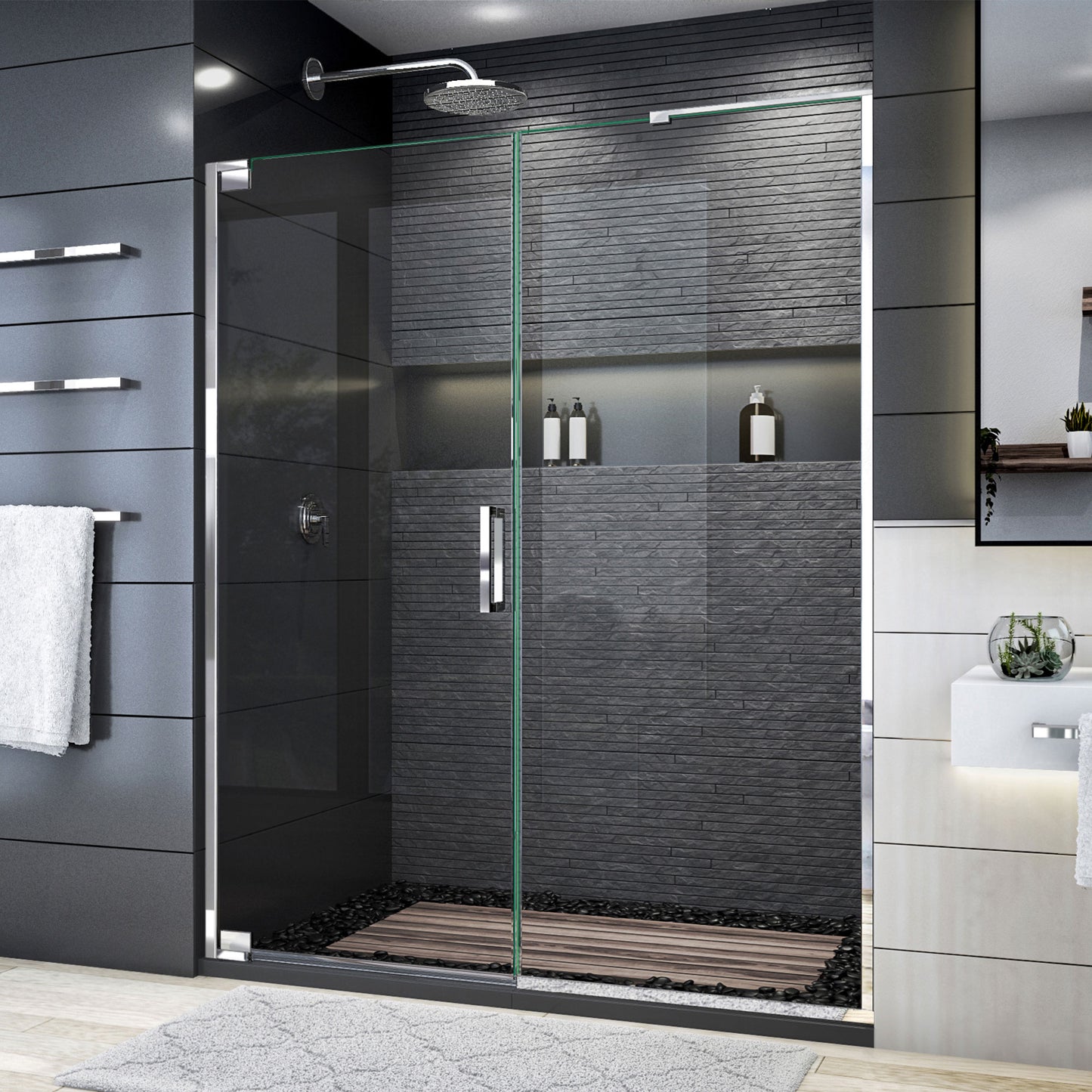 Elegance Plus 58-58 3/4 in. W x 72 in. H Frameless Pivot Shower Door in Chrome