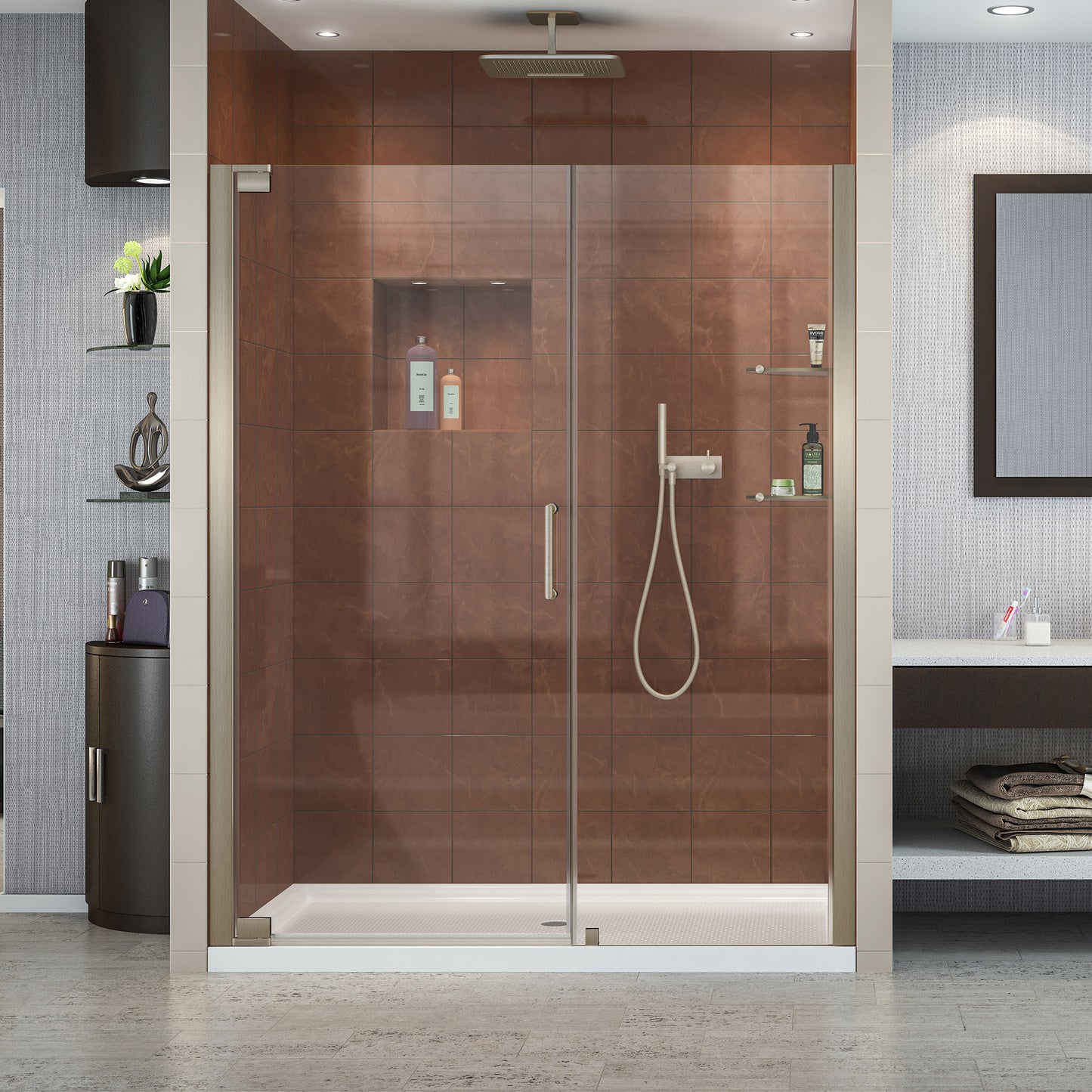 Elegance 56 1/4 - 58 1/4 in. W x 72 in. H Frameless Pivot Shower Door in Brushed Nickel
