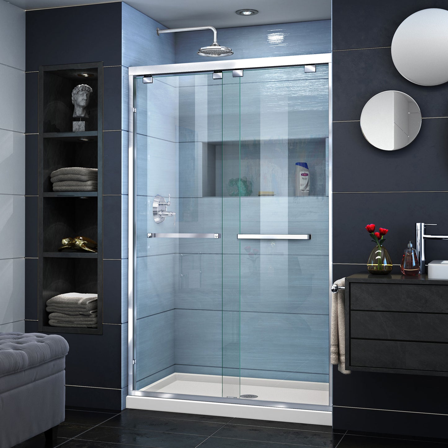 Encore 34 in. D x 48 in. W x 78 3/4 in. H Bypass Shower Door in Chrome and Center Drain Biscuit Base Kit