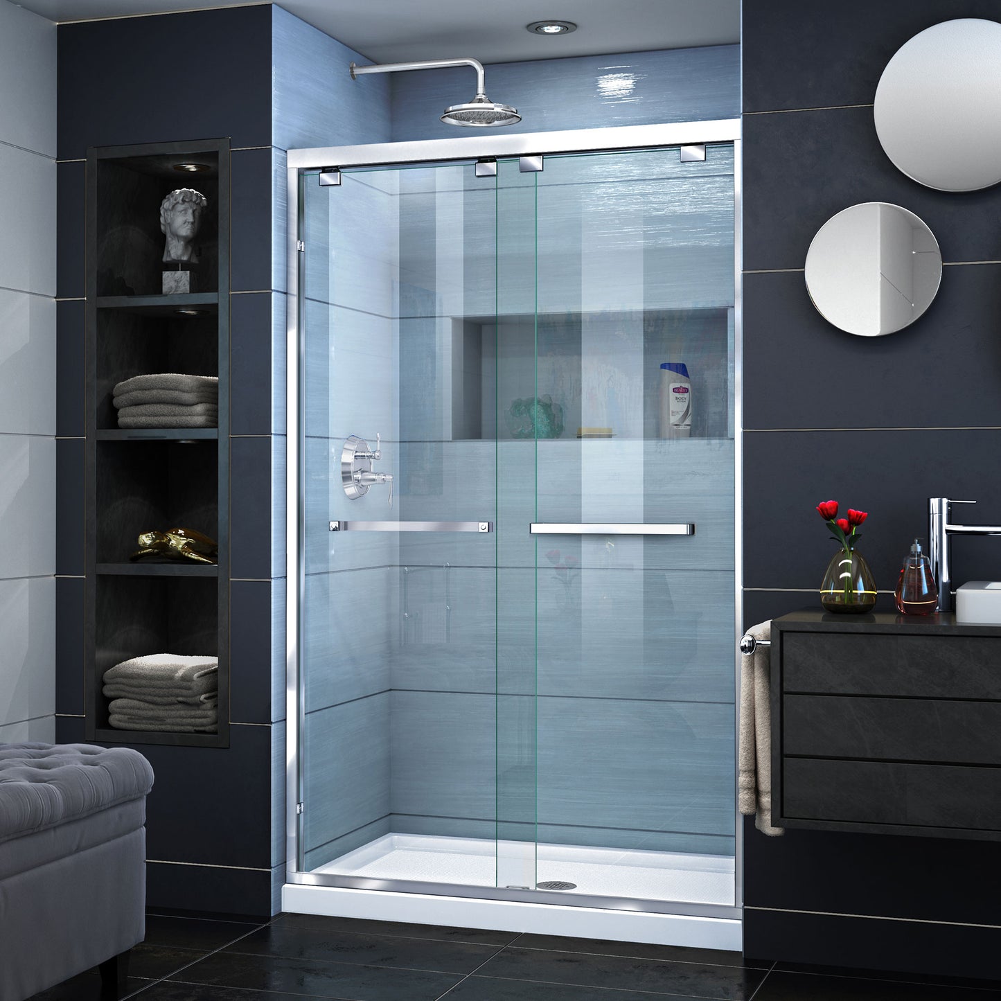 Encore 36 in. D x 48 in. W x 78 3/4 in. H Bypass Shower Door in Chrome with Center Drain White Base Kit