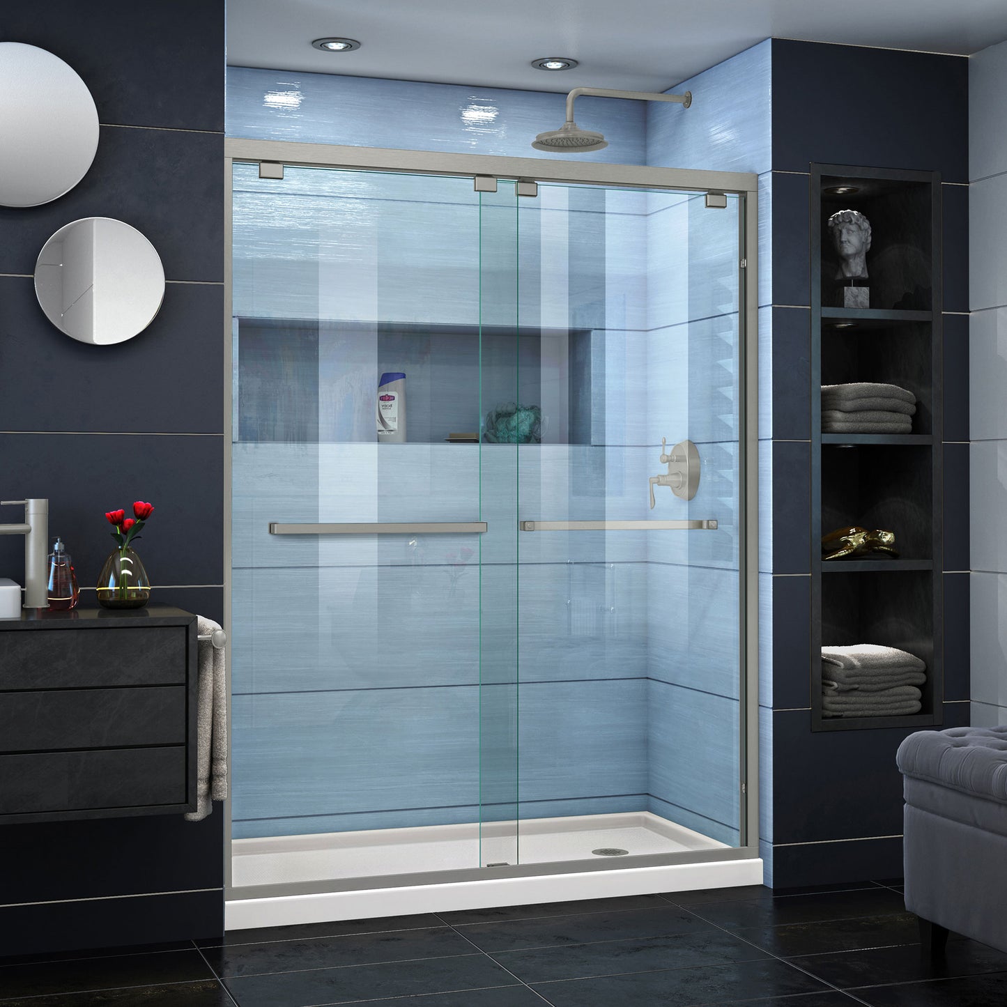 Encore 32 in. D x 60 in. W x 78 3/4 in. H Bypass Shower Door in Brushed Nickel and Right Drain Biscuit Base Kit