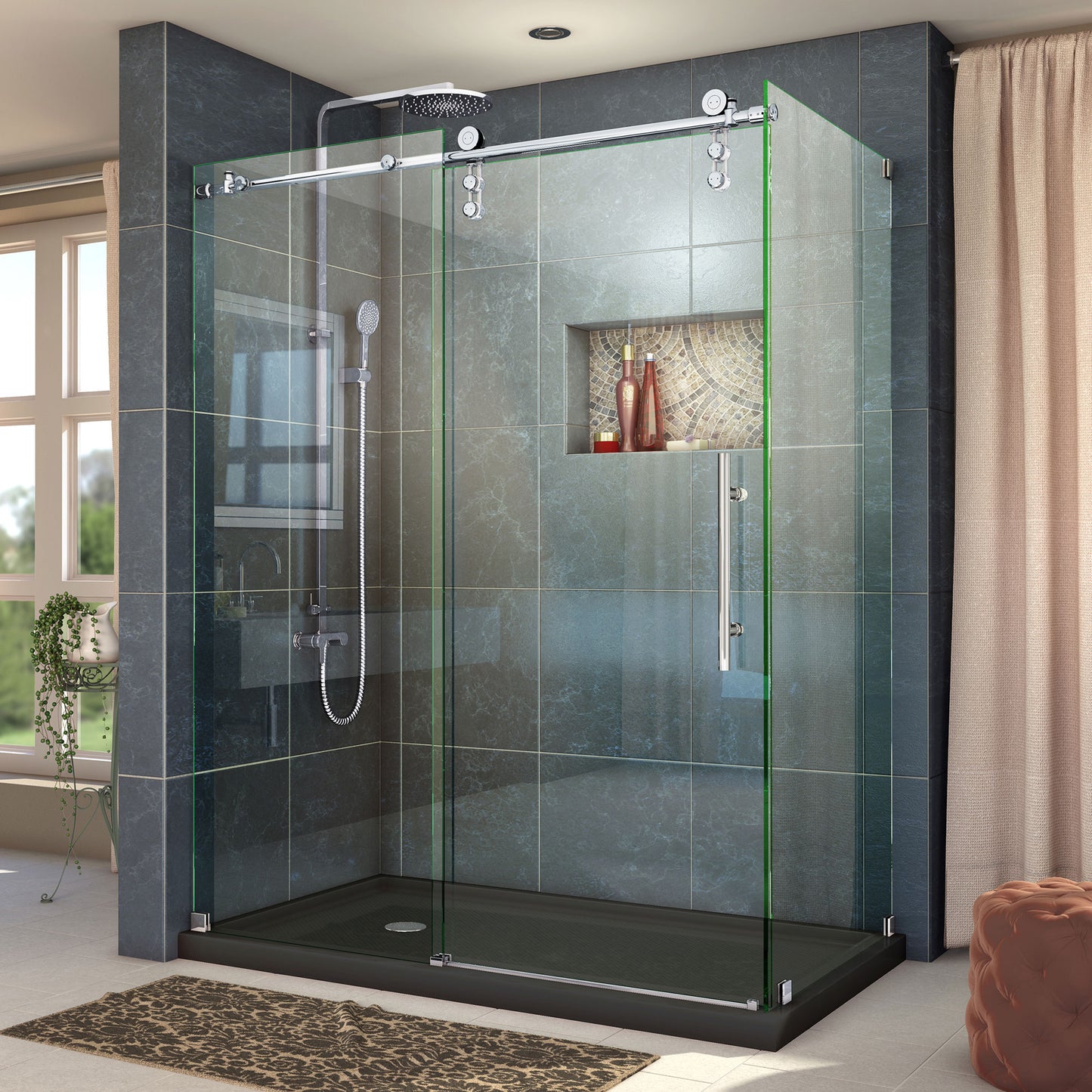 Enigma-Z 34 1/2 in. D x 60 3/8 in. W x 76 in. H Fully Frameless Sliding Shower Enclosure in Polished Stainless Steel