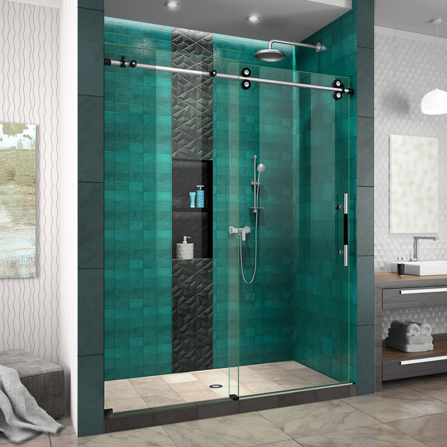 Enigma-XO 56-60 in. W x 76 in. H Frameless Clear Glass Sliding Shower Door in Brushed Tuxedo