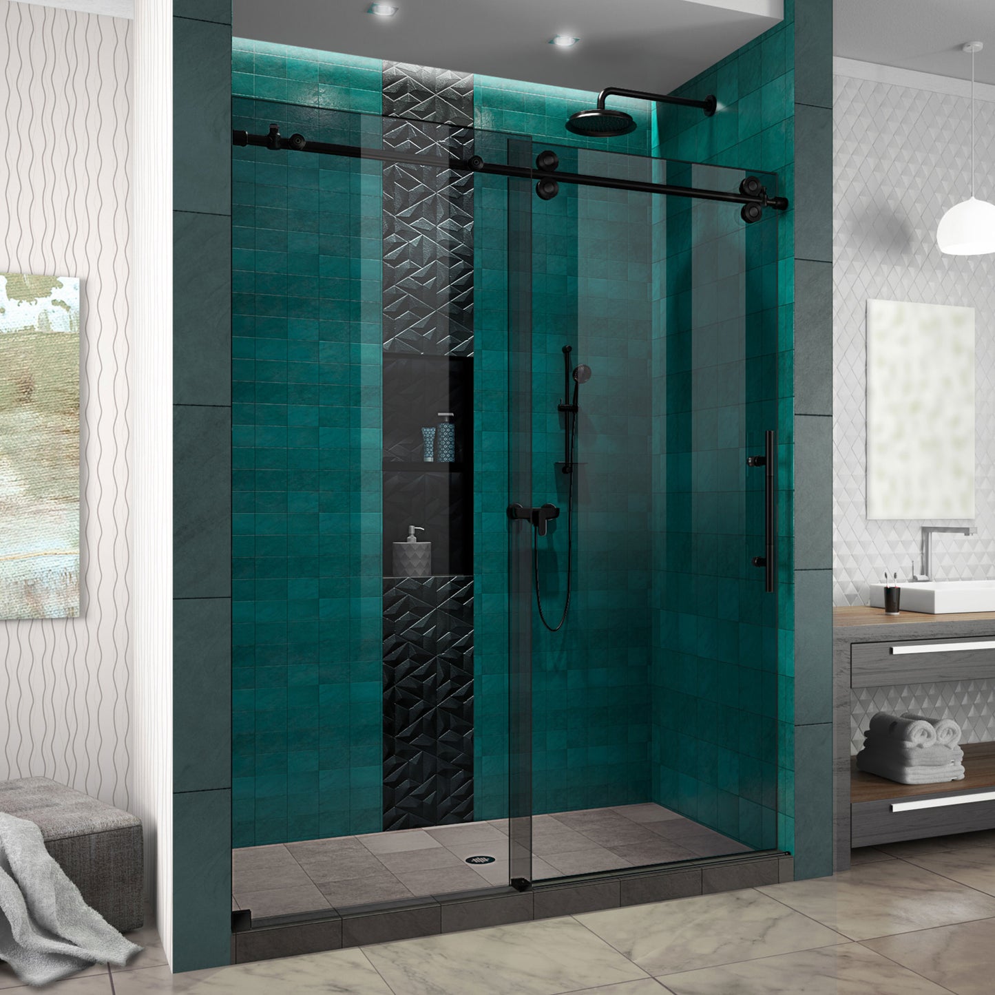 Enigma-XO 56-60 in. W x 76 in. H Frameless Smoke Grey Glass Sliding Shower Door in Satin Black Stainless Steel