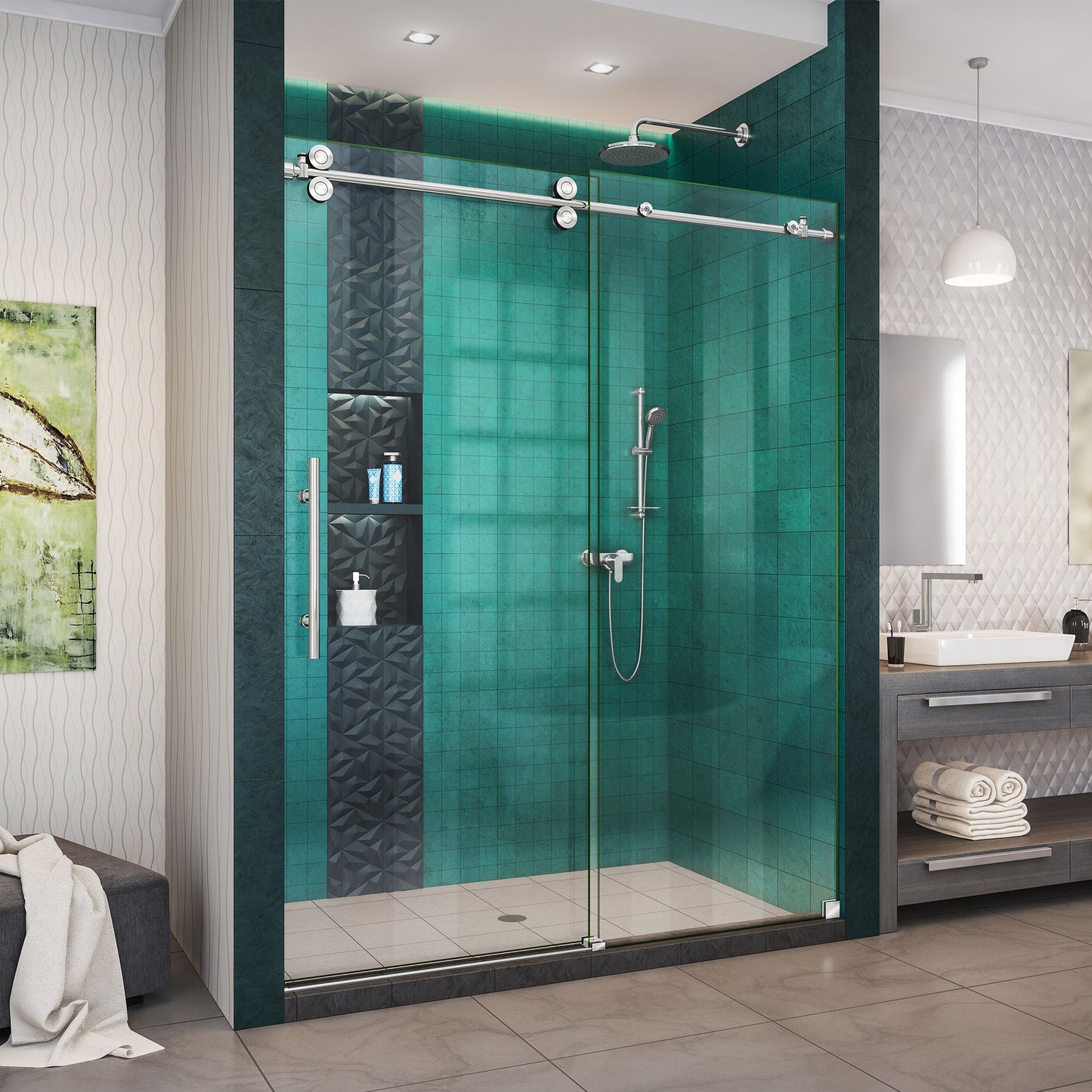 Enigma-XO 50-54 in. W x 76 in. H Fully Frameless Sliding Shower Door in Polished Stainless Steel