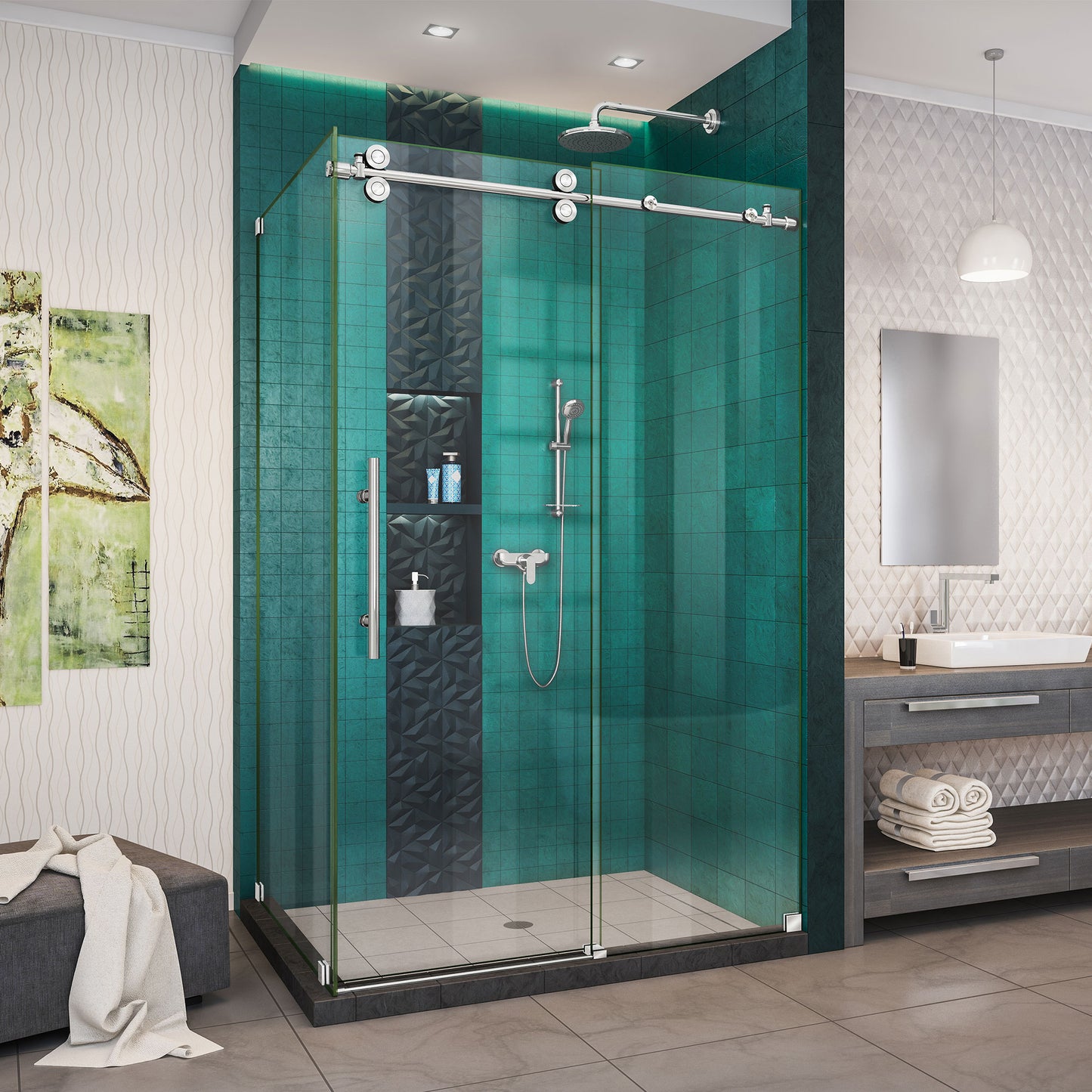 Enigma-XO 32 1/2 in. D x 44 3/8-48 3/8 in. W x 76 in. H Frameless Shower Enclosure in Polished Stainless Steel