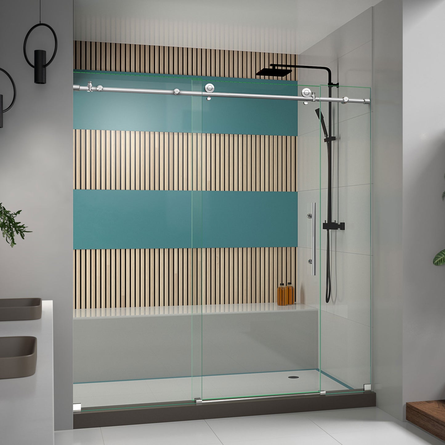 Enigma-X 68-72 in. W x 76 in. H Fully Frameless Sliding Shower Door in Polished Stainless Steel