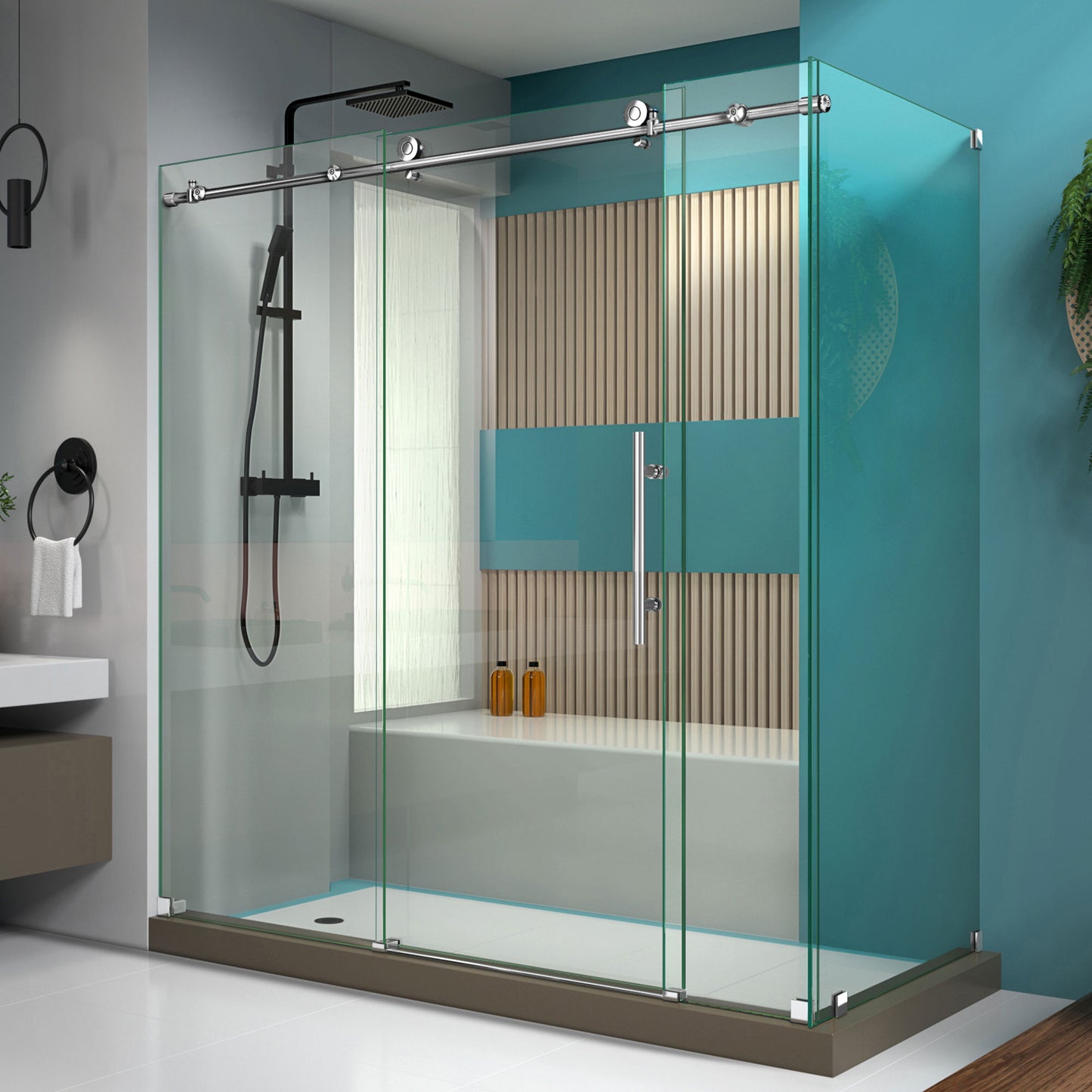 Enigma-X 34 1/2 in. D x 72 3/8 in. W x 76 in. H Fully Frameless Sliding Shower Enclosure in Polished Stainless Steel