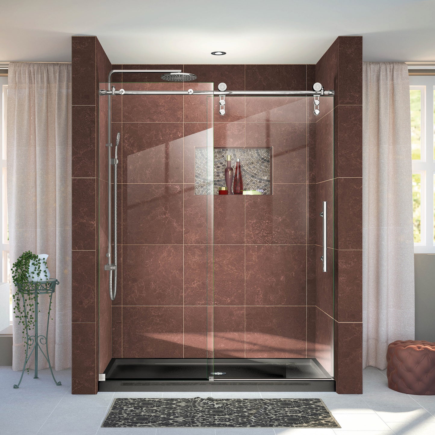 Enigma-Z 56-60 in. W x 76 in. H Fully Frameless Sliding Shower Door in Polished Stainless Steel