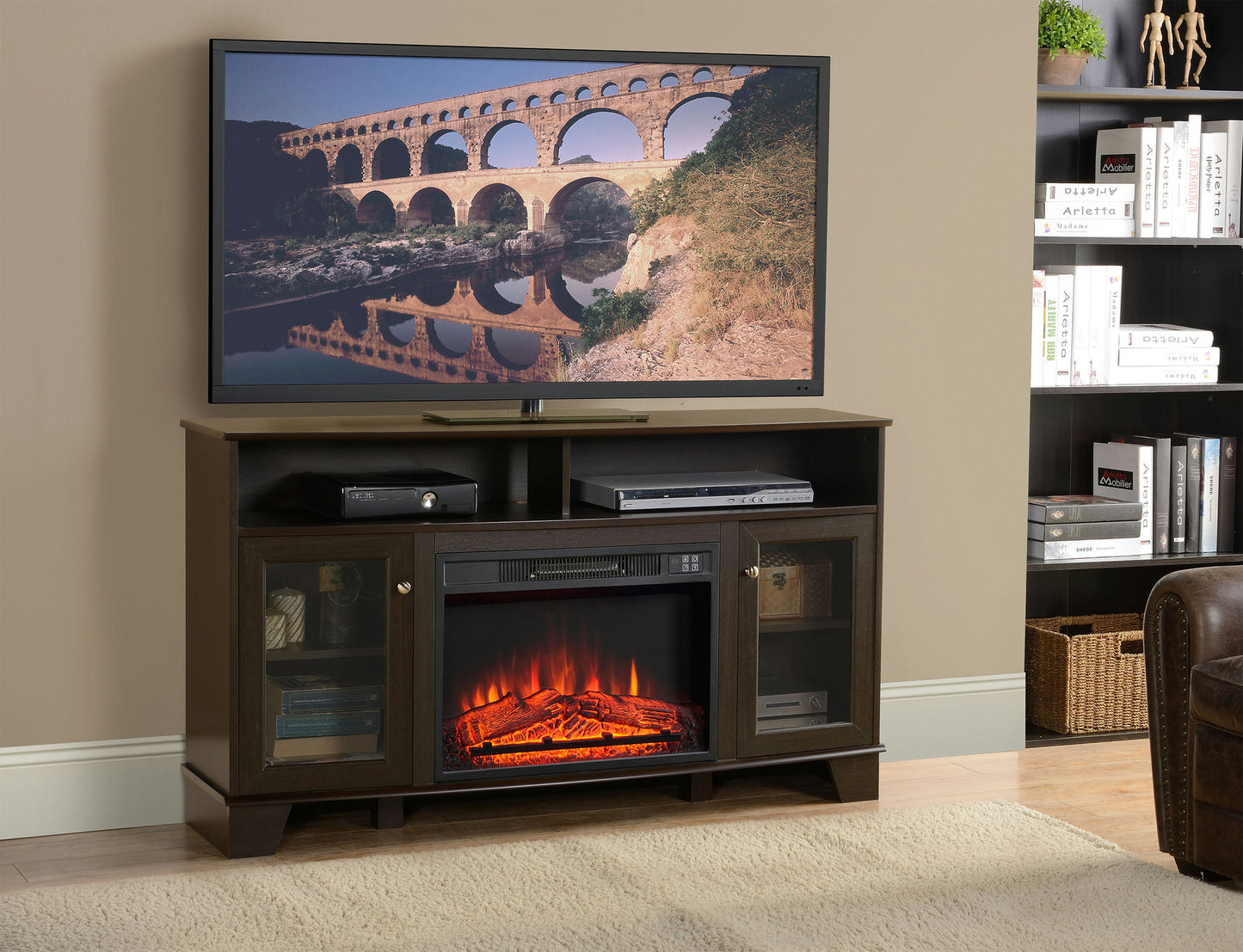 Wilson Oak Finish TV Stand With Electric Fireplace