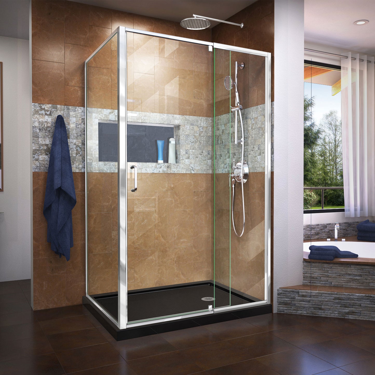Flex 36 in. D x 48 in. W x 74 3/4 in. H Semi-Frameless Pivot Shower Enclosure in Chrome with Right Drain Black Base Kit